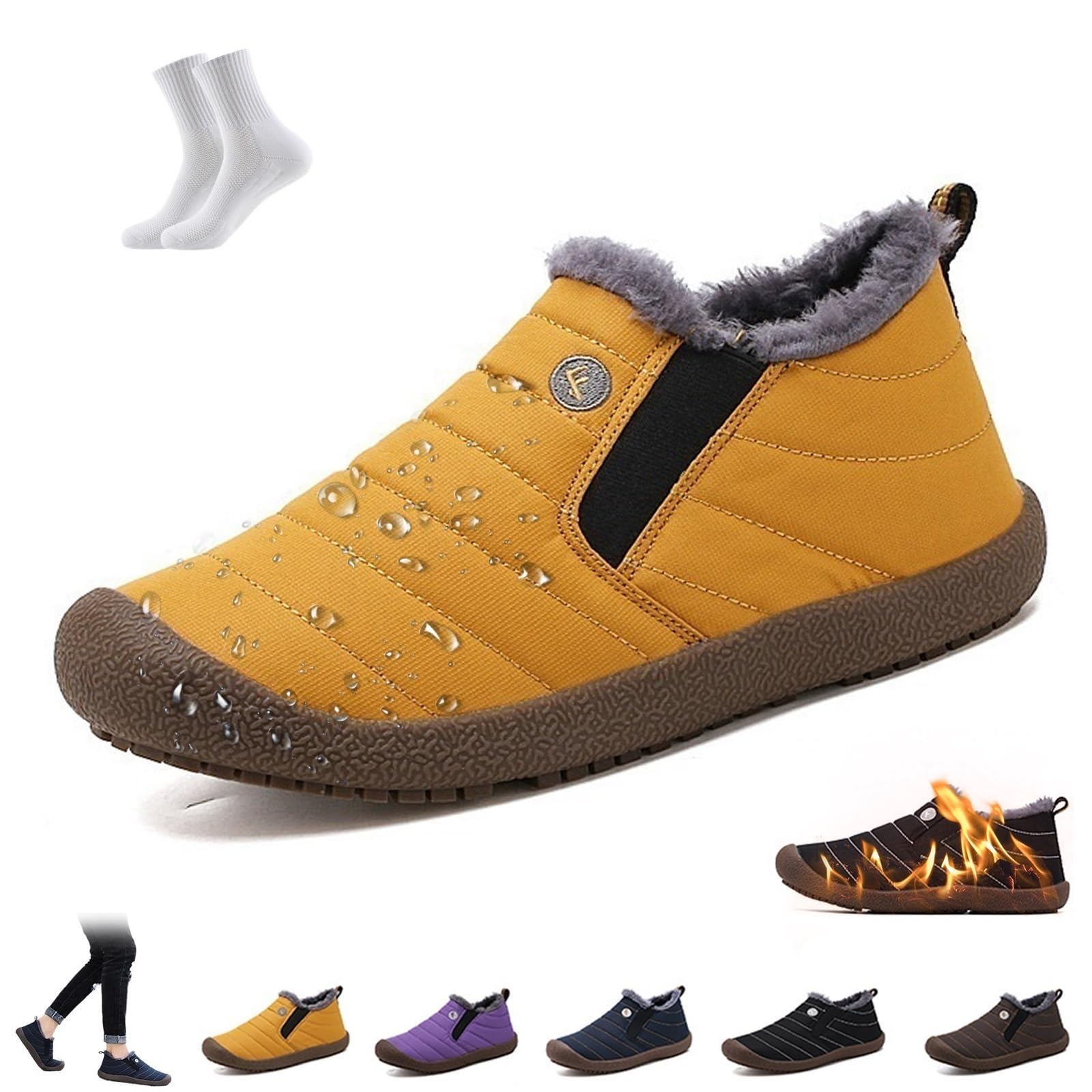 Men Women Waterproof Warm Plush Lined Outdoor Snow Ankle Boots Winter Comfortable Anti-Slip Slip-on Lightweight Winter House Shoes