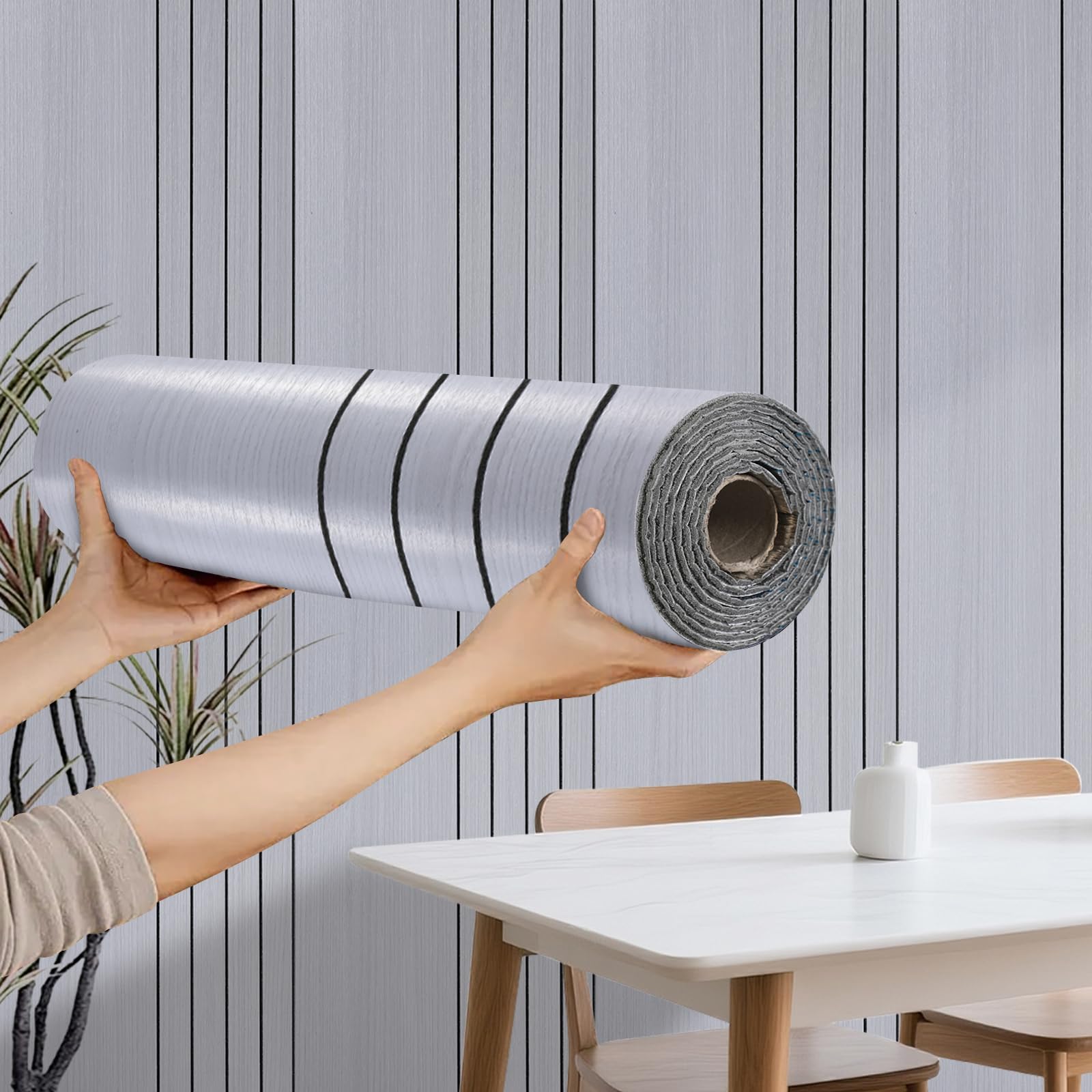 Takezuaa 1 Roll Self Adhesive Thermal Wallpaper Peel and Stick Wall Panels 3mm Thick Light Grey Wood Effect Wallpaper for Living Room Bedroom Insulating Wall Covering Roll，300x40CM
