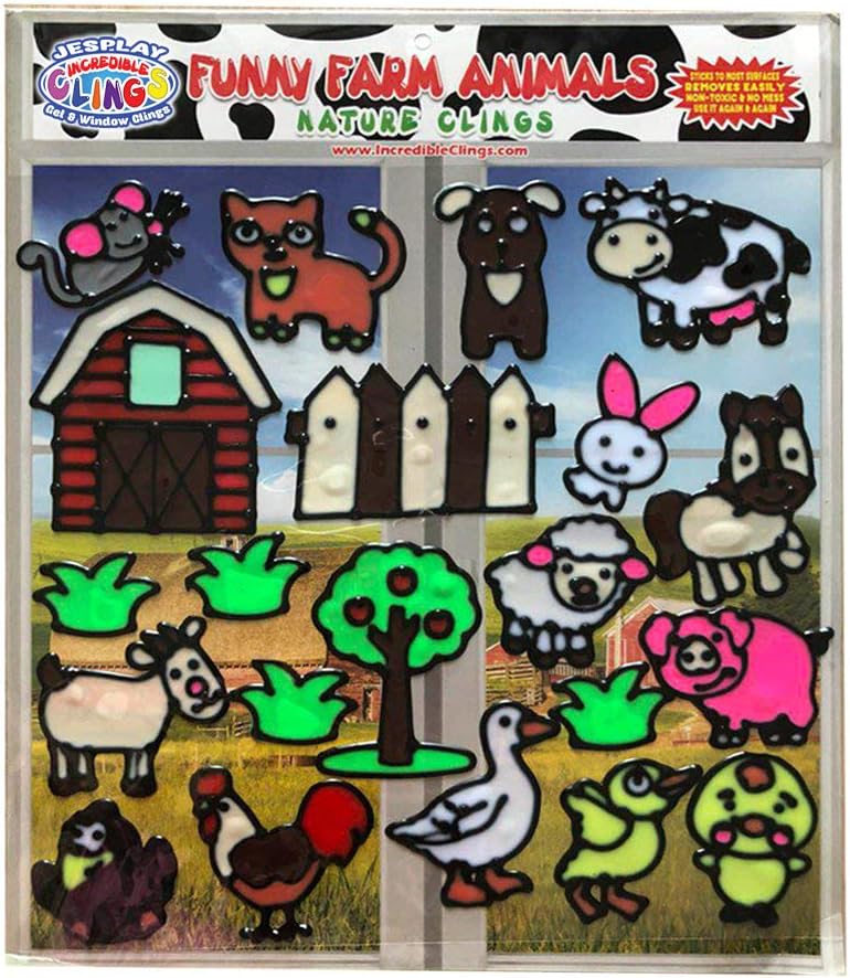 Funny Farm Animal Flexible Gel Clings - CPSC Certified Safe Window Clings for Kids and Toddlers - Removable Reusable Gel Decals for Home, Travel or Classrooms - Rooster, Chicks, Pig, Cow and More