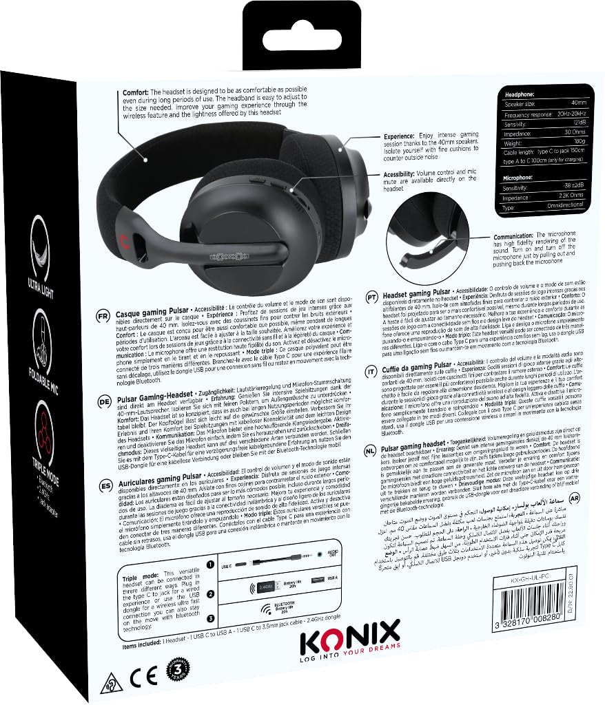 Konix Auriculares Gaming ultraligeros Pulsar de 180 g para PC - Altavoces de 40 mm - Micrófono - Conexión Bluetooth/Cable Tipo-C/dongle USB - Negro