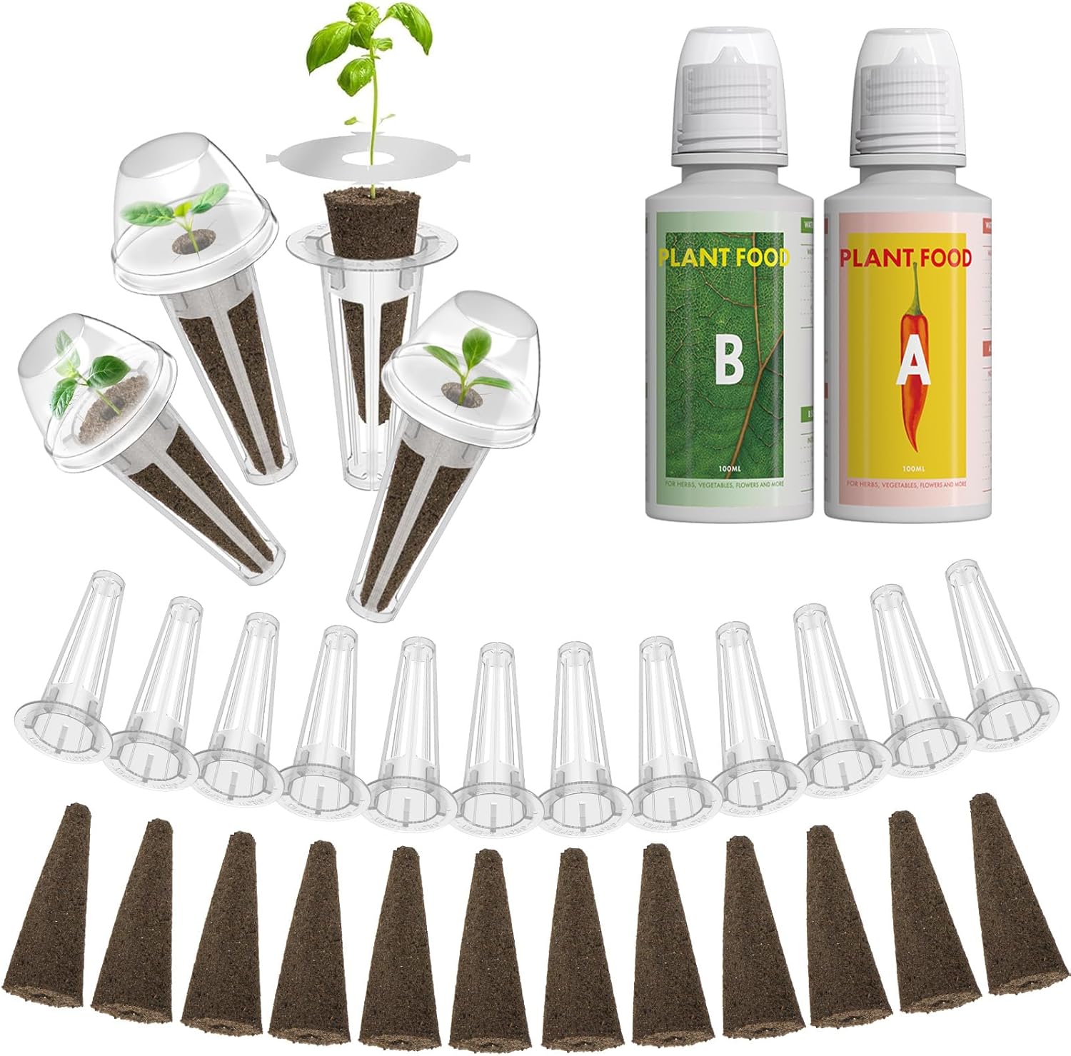 Hydroponic Pods Kit, Grow Anything Kit for AeroGarden, iDOO Hydroponic Growing System Seed Pods Kit Includes 30 Grow Sponges, 12 Grow Baskets, 12 Grow Domes, 12 Stickers,Translucent B