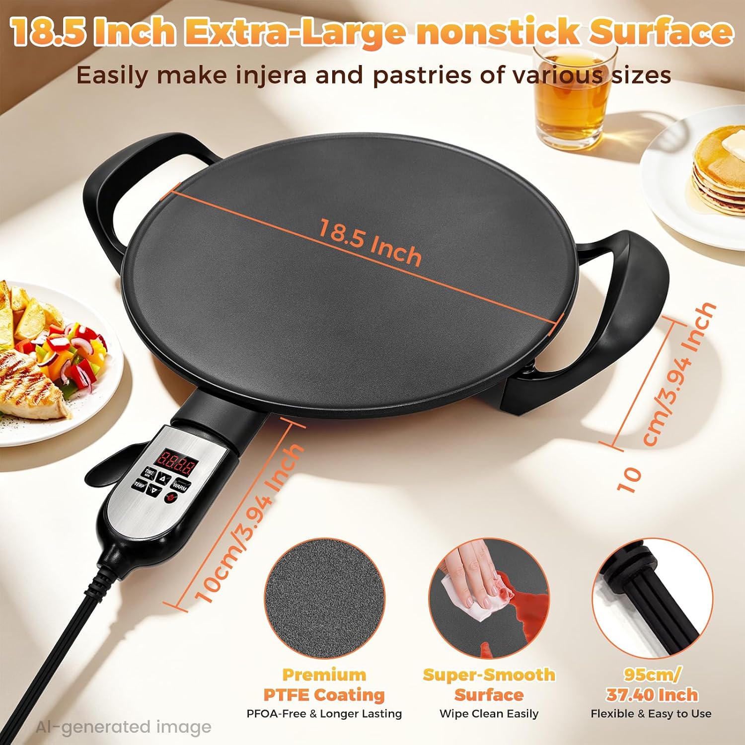 18.5" Electric Griddle for Ethiopian, Injera Maker with Adjustable Digital Heat Control and Lid, Electric Injera Maker for Ethiopian Injera, Somalian Anjero, Crepe, Lefse