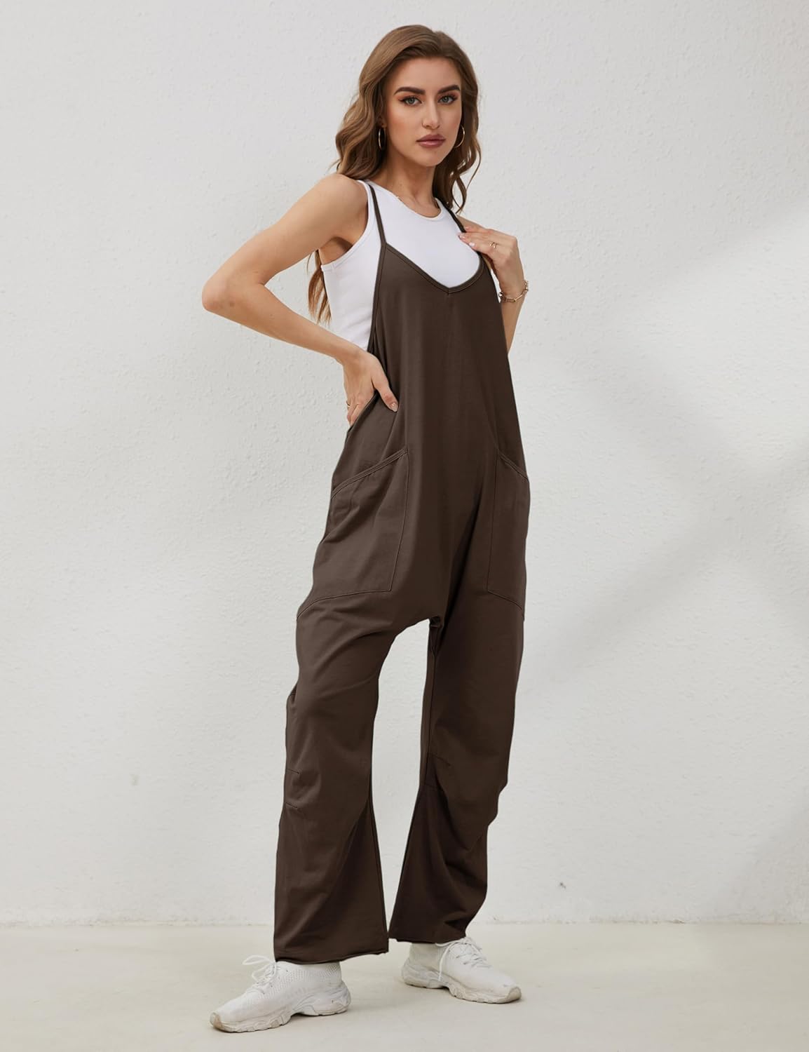 Lentta Women's Causal Jumpsuits V Neck Sleeveless Harem Overalls Stretchy Adjustable Strap Romper with Pockets - Image 5