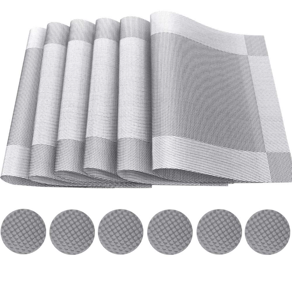 Time to Sparkle Set of 12 PCS Vinyl Woven 6pcs Placemats + 6pcs Coasters Place Mats Non Slip Table Mats Waterproof Heat-Resistant Dining Table Mats Decor (Silver)