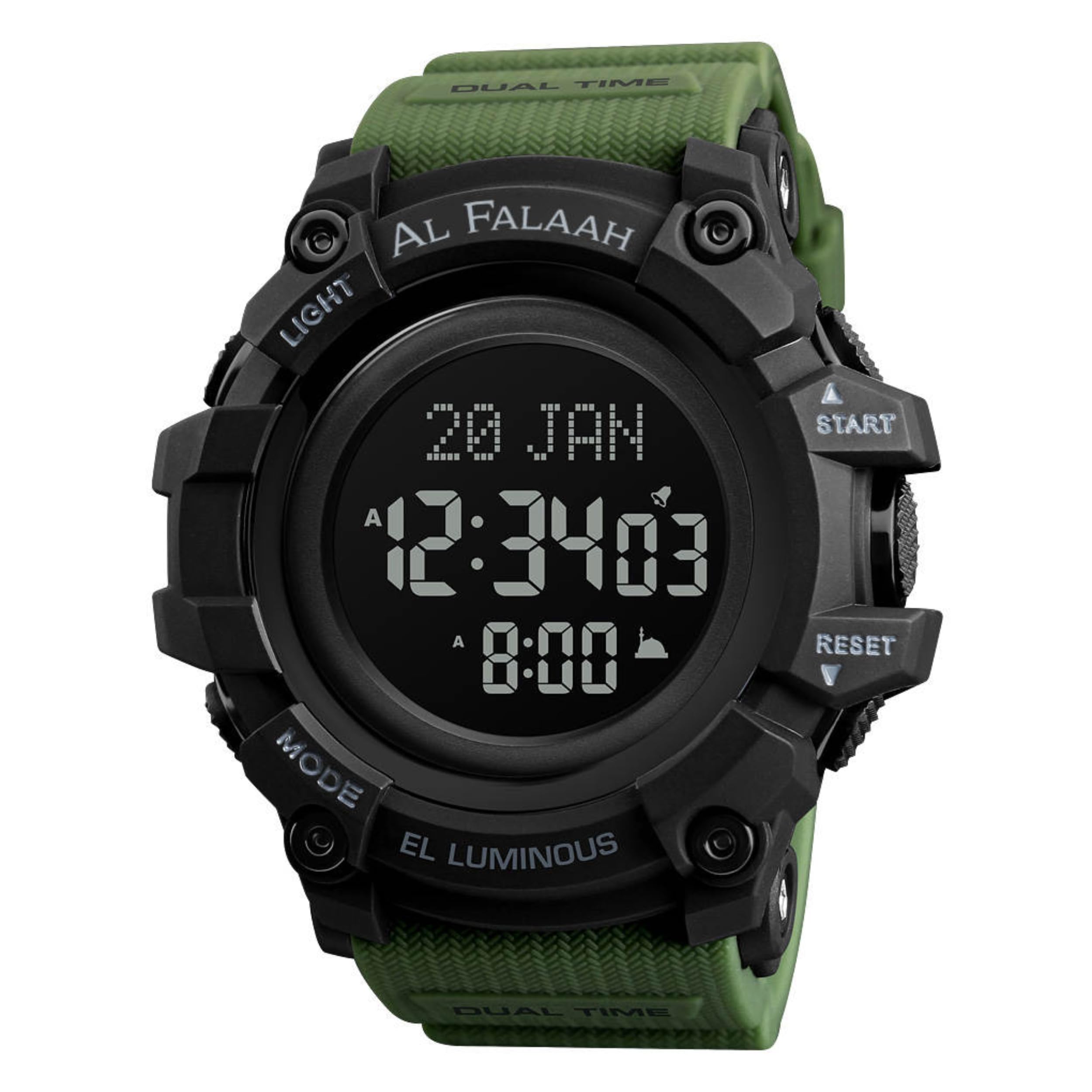 Al FalaahMuslim Beep at Place de l'Azan Prayer Hours, Sporty and Robust, Green Strap, 55mm Black Dial., Black Army Green
