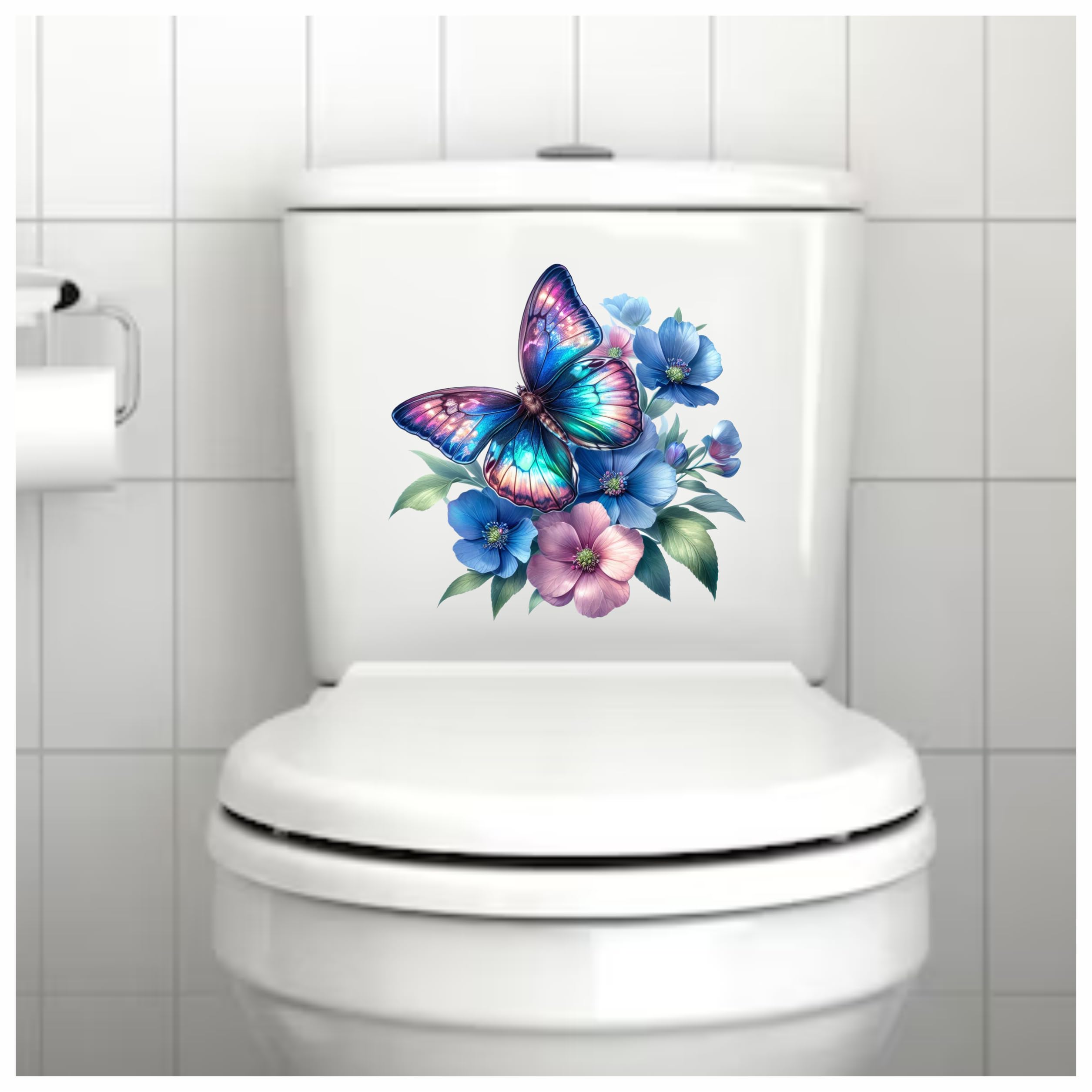 x4 Flower Vinyl Stickers Cover Marks Non Transparent Waterproof Floral Art Decals 1@ 20cm Tall Ideal for Toilets or car. 3@ 7cm Tall Ideal for Phone case Cups & Wine Glass (Butterfly neon Blue) - Image 2