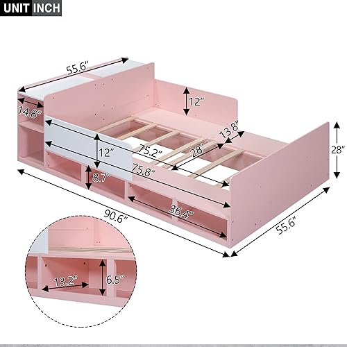 Miniatura 11 de Cama clásica de plataforma de tamaño individual con luz LED integrada, base de cama de plataforma de madera maciza con cabecera de almacenamiento y