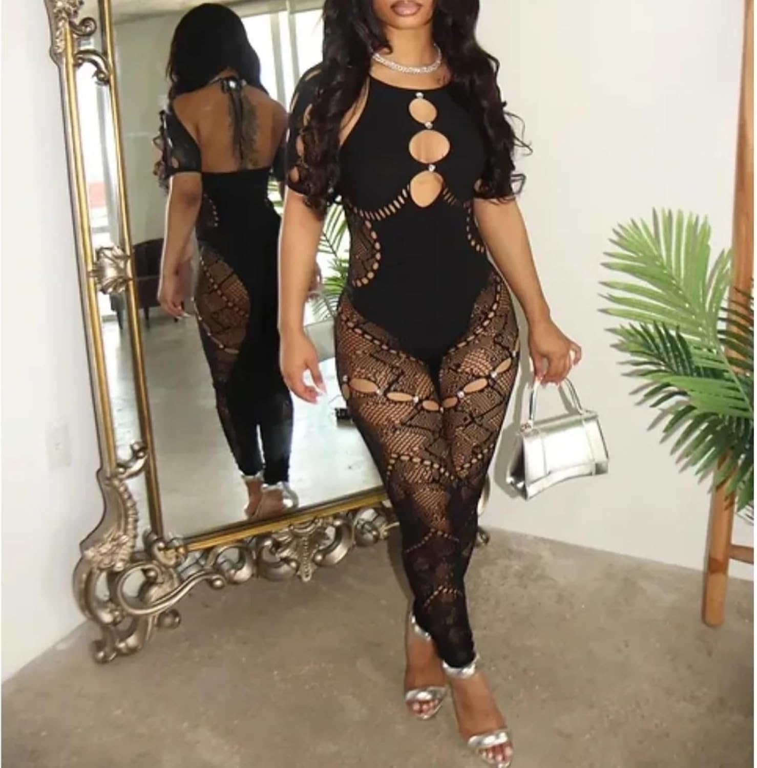 WEICHUJIAN Women's Sexy Jumpsuit Mesh Halter Neck Hollow Perspective Rhinestone Slim Fit Stretch High Waist Lace Rompers