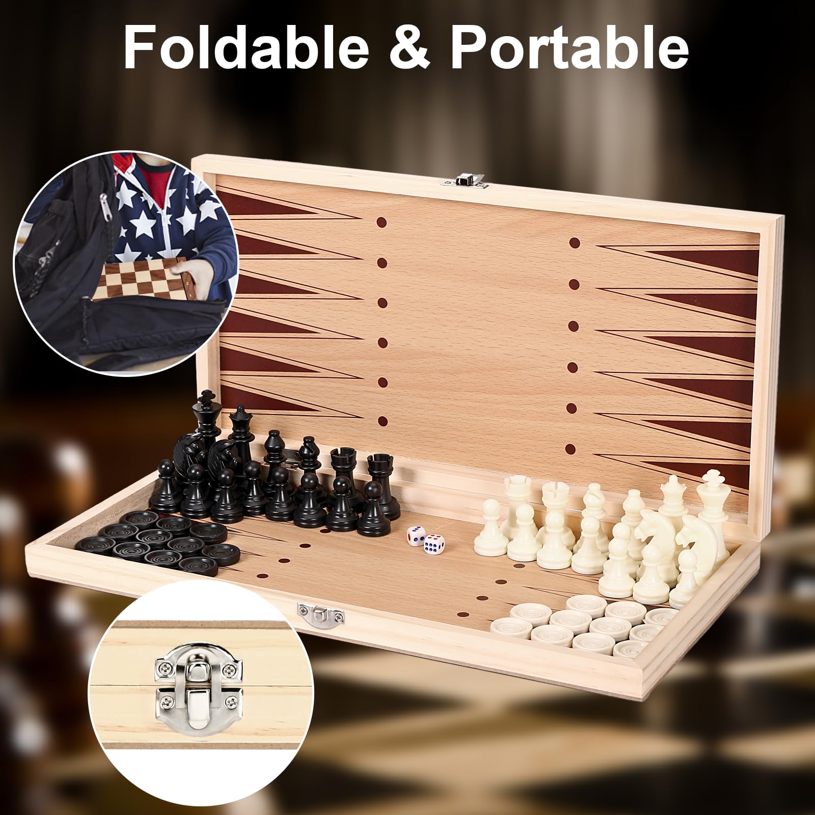 Magnetic Wooden Chess Game 3-in-1 - Chess, Checkers & Backgammon Foldable Board (29 Cm)