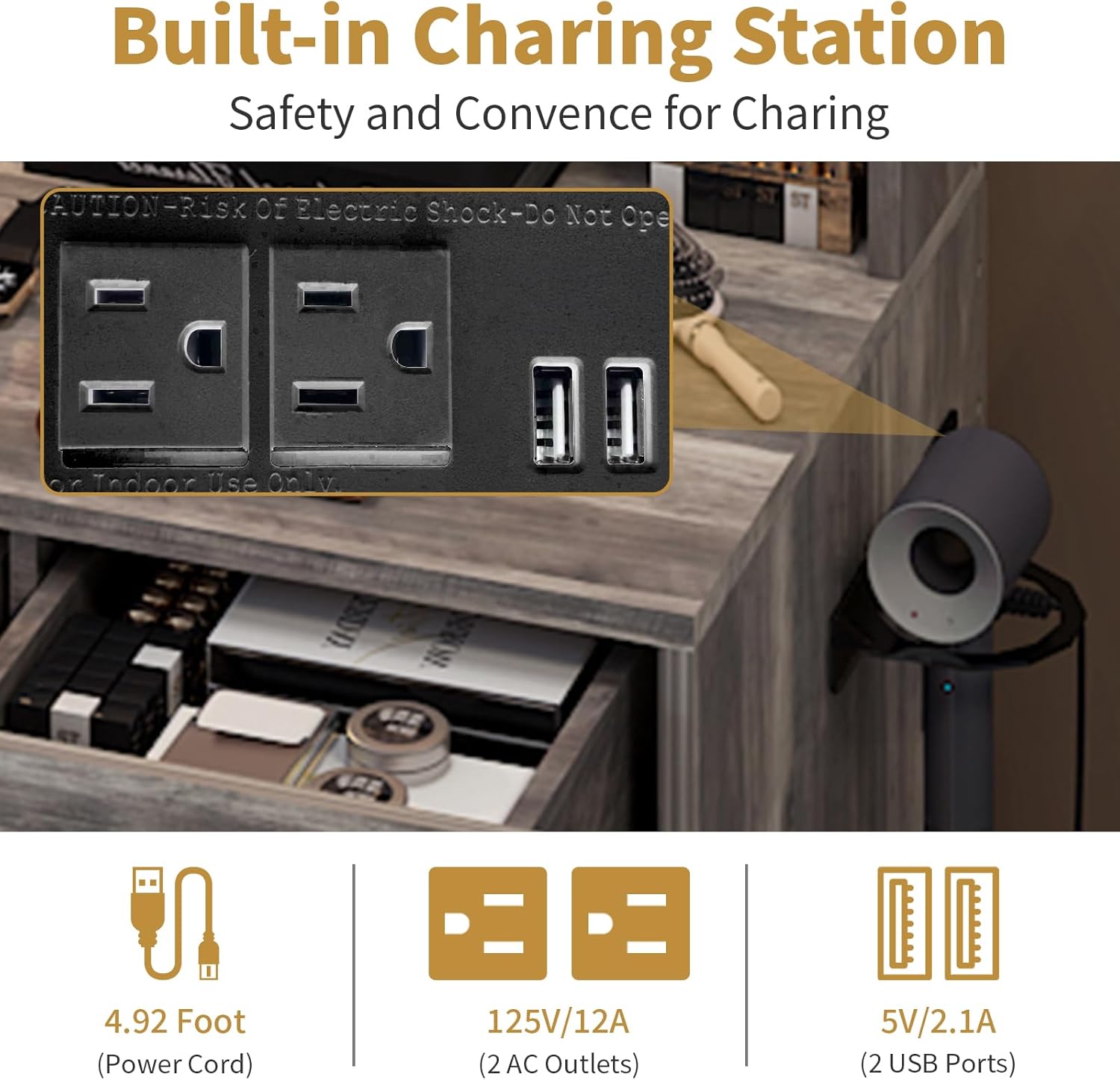 Close-up of the built-in power strip with two AC outlets and two USB ports.