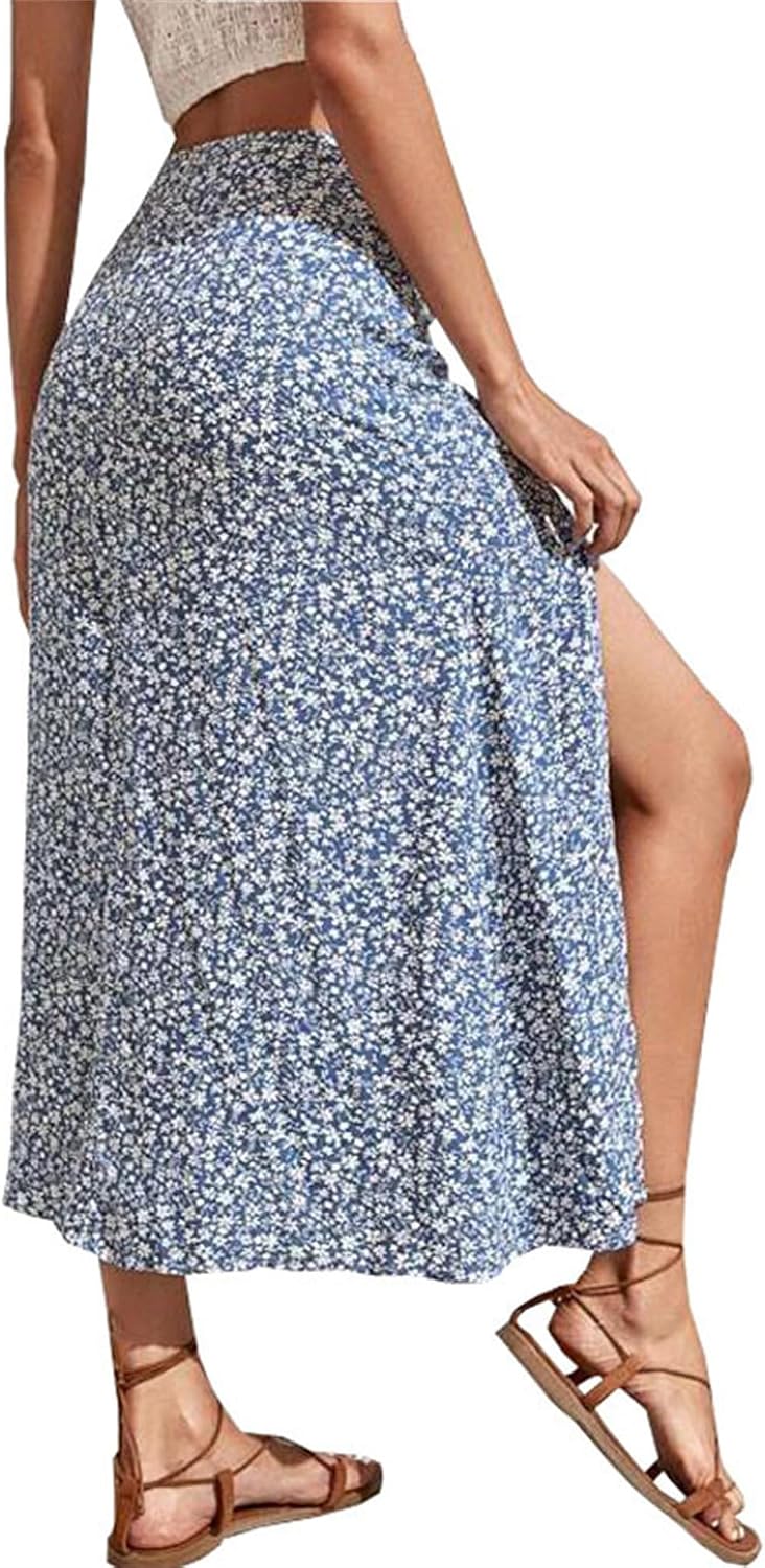 Women's Boho Split Floral Skirt High Waist Swing A Line Midi Skirt Elastic Waisted Ruffle Bodycon Skater Skirts