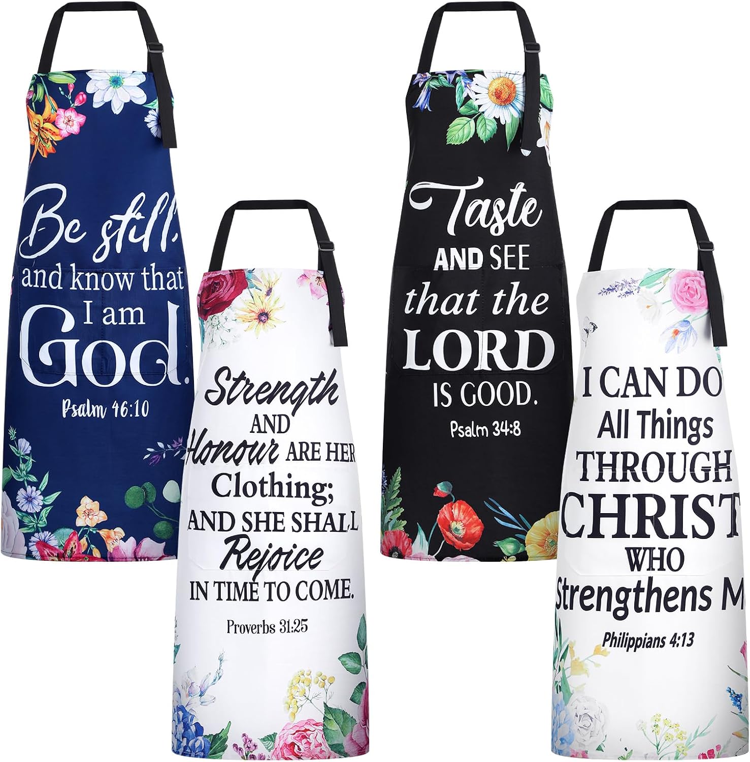 Colarr 4 Pcs Christian Floral Apron Bulk with Pockets Religious Aprons Bible Inspirational Gift for Kitchen Church Favor
