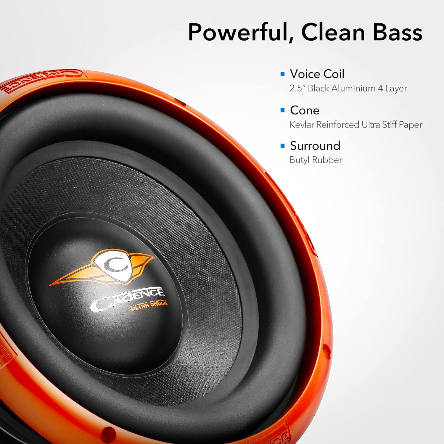 Close-up of the Cadence US10D4 subwoofer cone, voice coil, and surround materials.