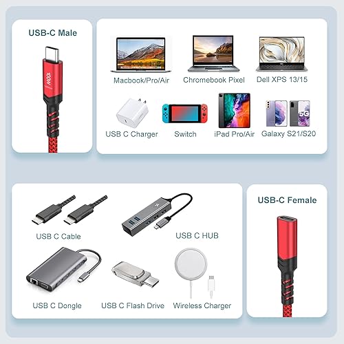 Miniatura 7 de OKRAY - Cable de extensión USB C, cable extensor USB-C macho a USB-C hembra, 100 W, carga rápida, 10 Gbps, transferencia tipo C, Thunderbolt 3,