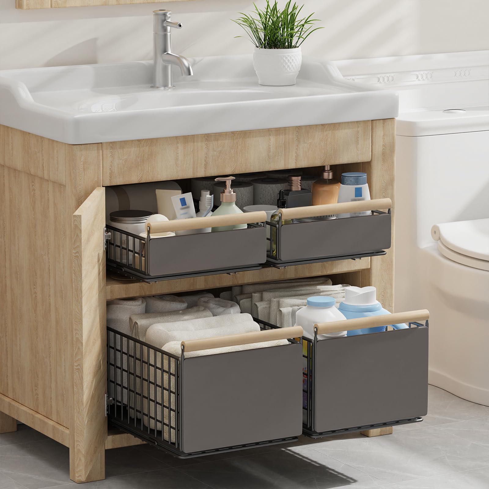 Cassetti Estraibili per Cucina, Cestelli, Organizer Sottolavello, Organizzatore con Nanofolie Autoadesiva, Mobile Armadio, Senza Necessità di Forare e Inchiodare, 2 Pack, 39.5×23.5×19.5cm