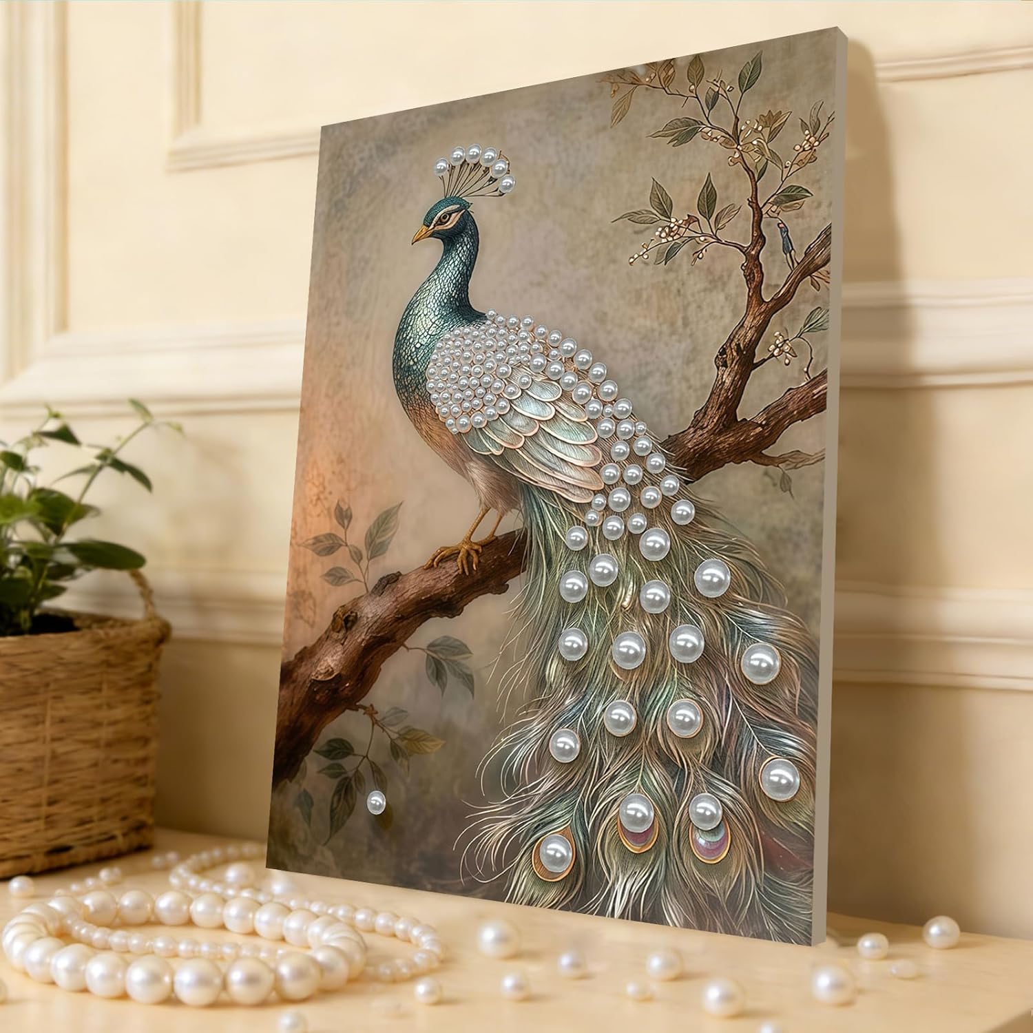 DIY Pearl Painting Kit with Wooden Frame, 3D Plastic Pearl Art Diamond Art Kits for Adults, Ready-to-Hang Home Decor, Gift for Women Beginners(Peacock)(30 * 40cm)