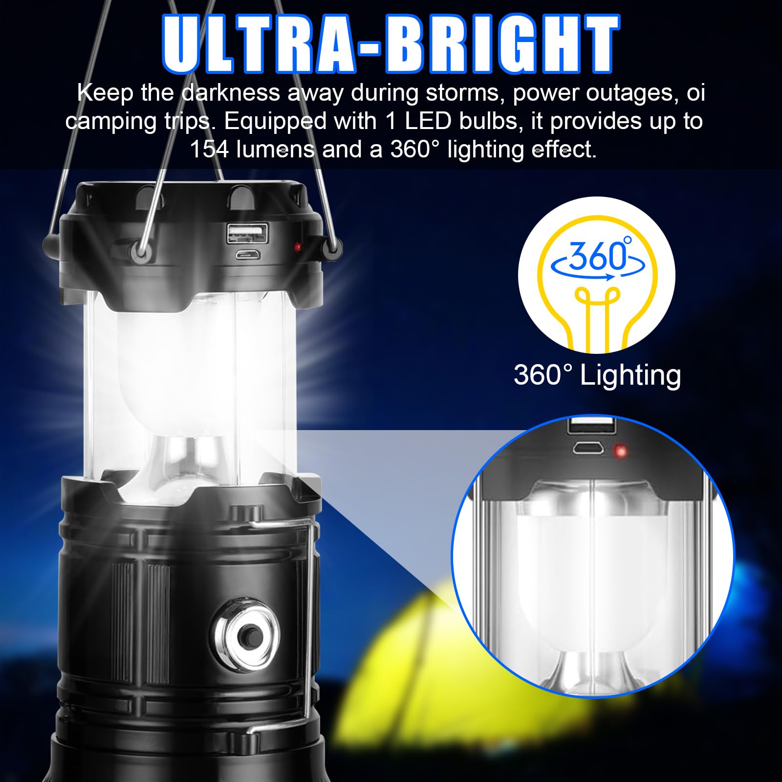 Linterna Camping Solar LED Plegable Impermeable con Gancho, Luz para Acampar, Negro