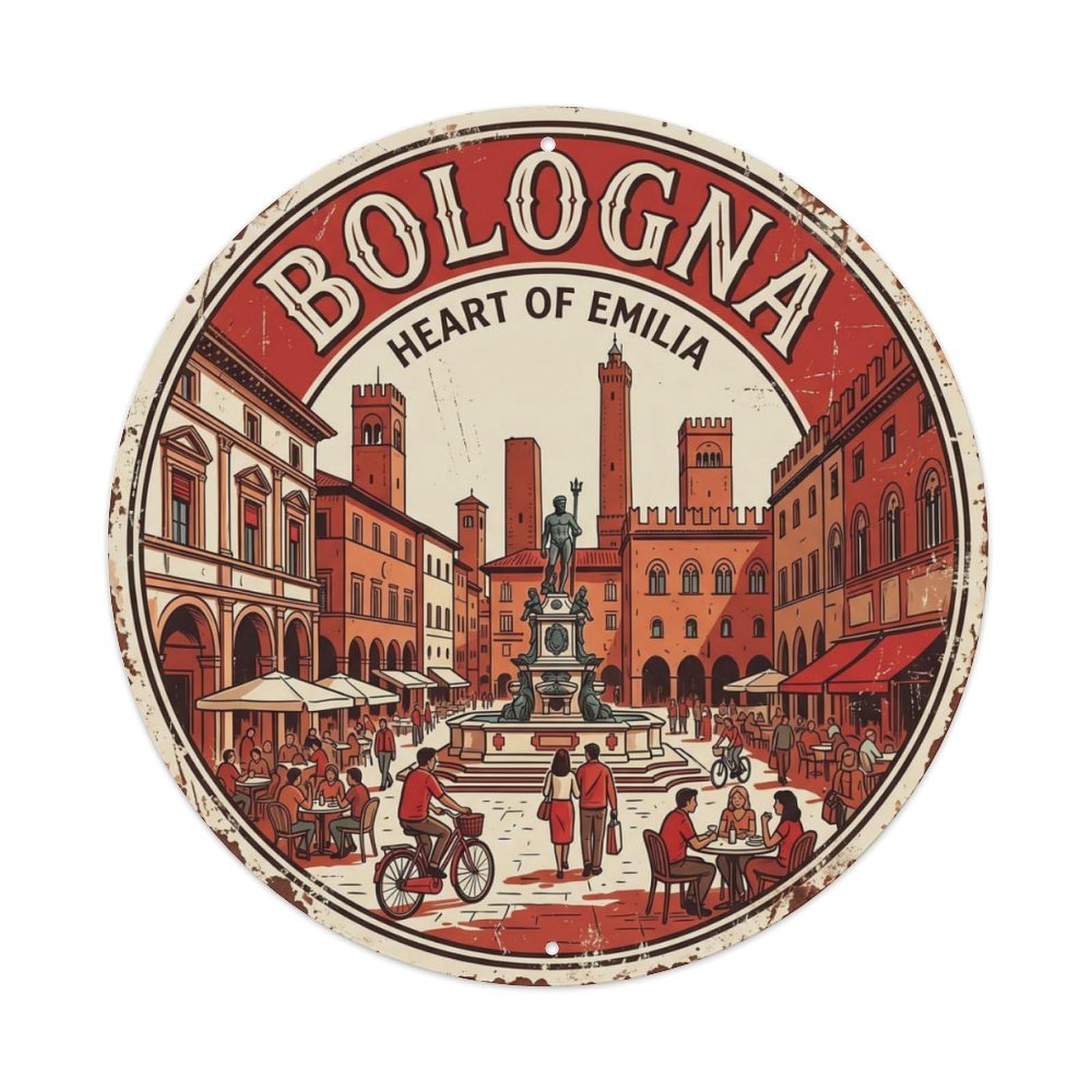 Vintage Travel Historic Bologna Italy Metal Tin Sign Plaque Wall Decor for Cafe, Club Bar, Office, Home Garden Round Metal Poster 8x8Inch