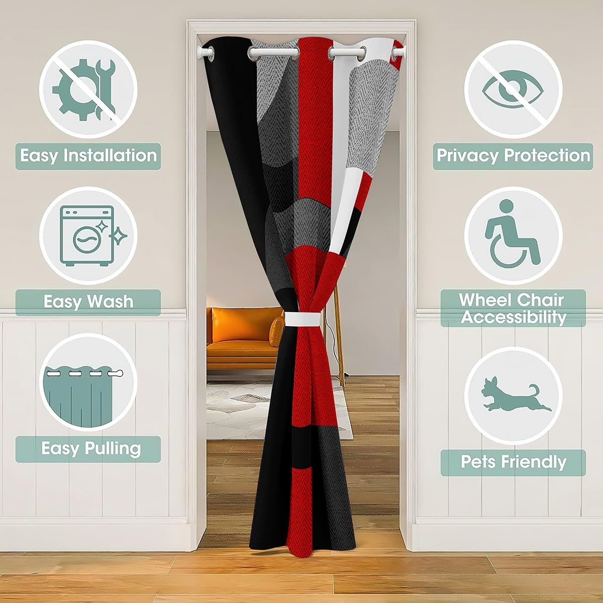Red and Black 30%-50% Room Darkening Blackout Curtain Door Curtain for Boys Girls TeensGeometric Square Room Divider Curtain Cover 86x203cm Abstract Art Window Treatments - Image 3