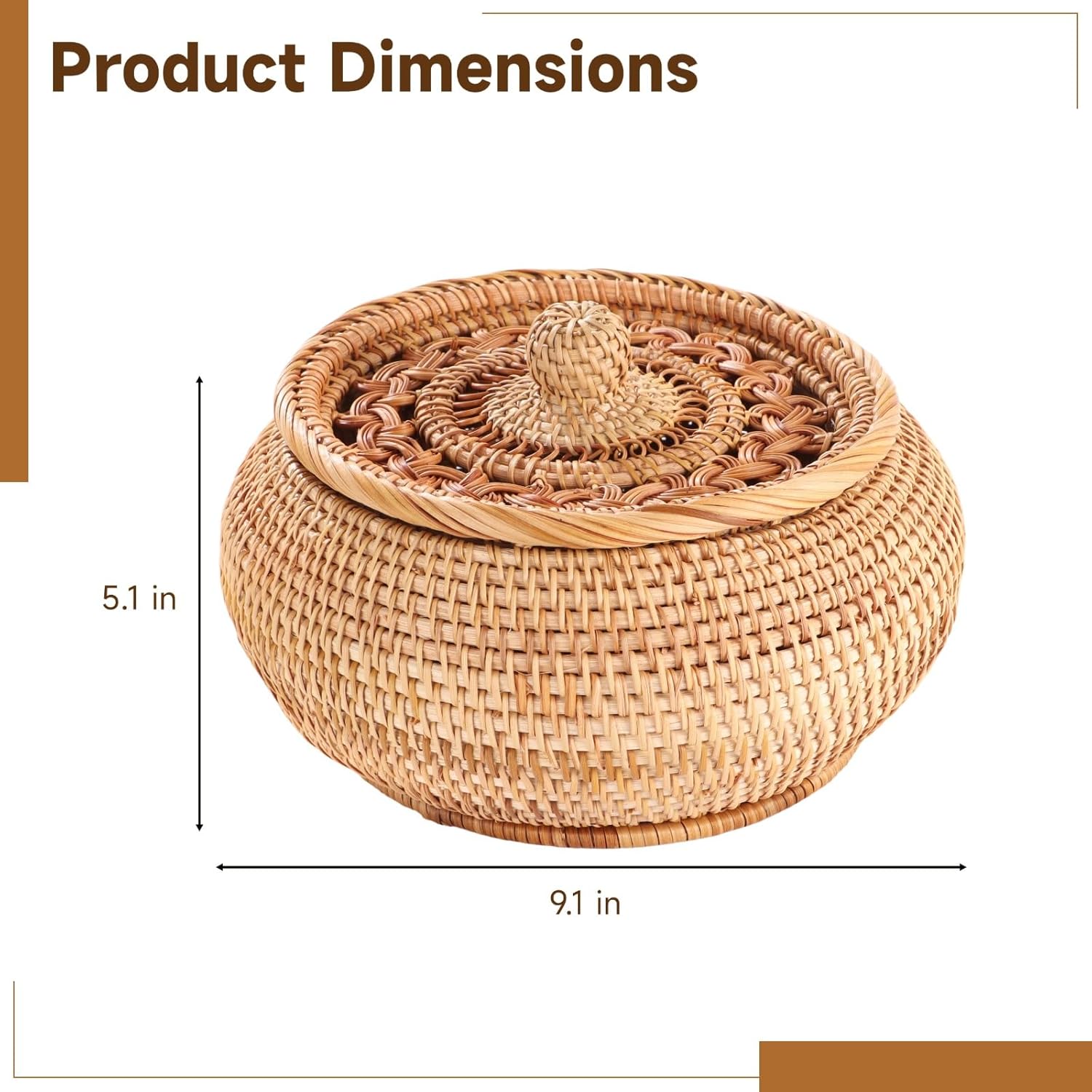 Round Woven Basket, 9.1 in Handmade Rattan Basket, Small Wicker Storage Box with Hollow Lid, Multipurpose Decorative Organizer for Living Room, Entryway and Kitchen