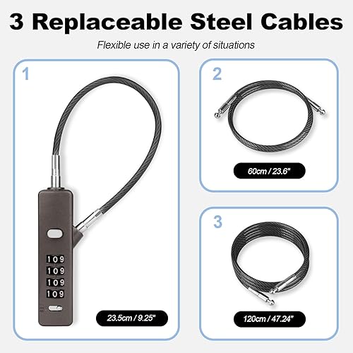 Miniatura 2 de Candado de cable versátil – Cerradura de combinación de 4 dígitos con 3 cuerdas trenzadas de acero intercambiables (9 pulgadas/23.6 pulgadas/47.2