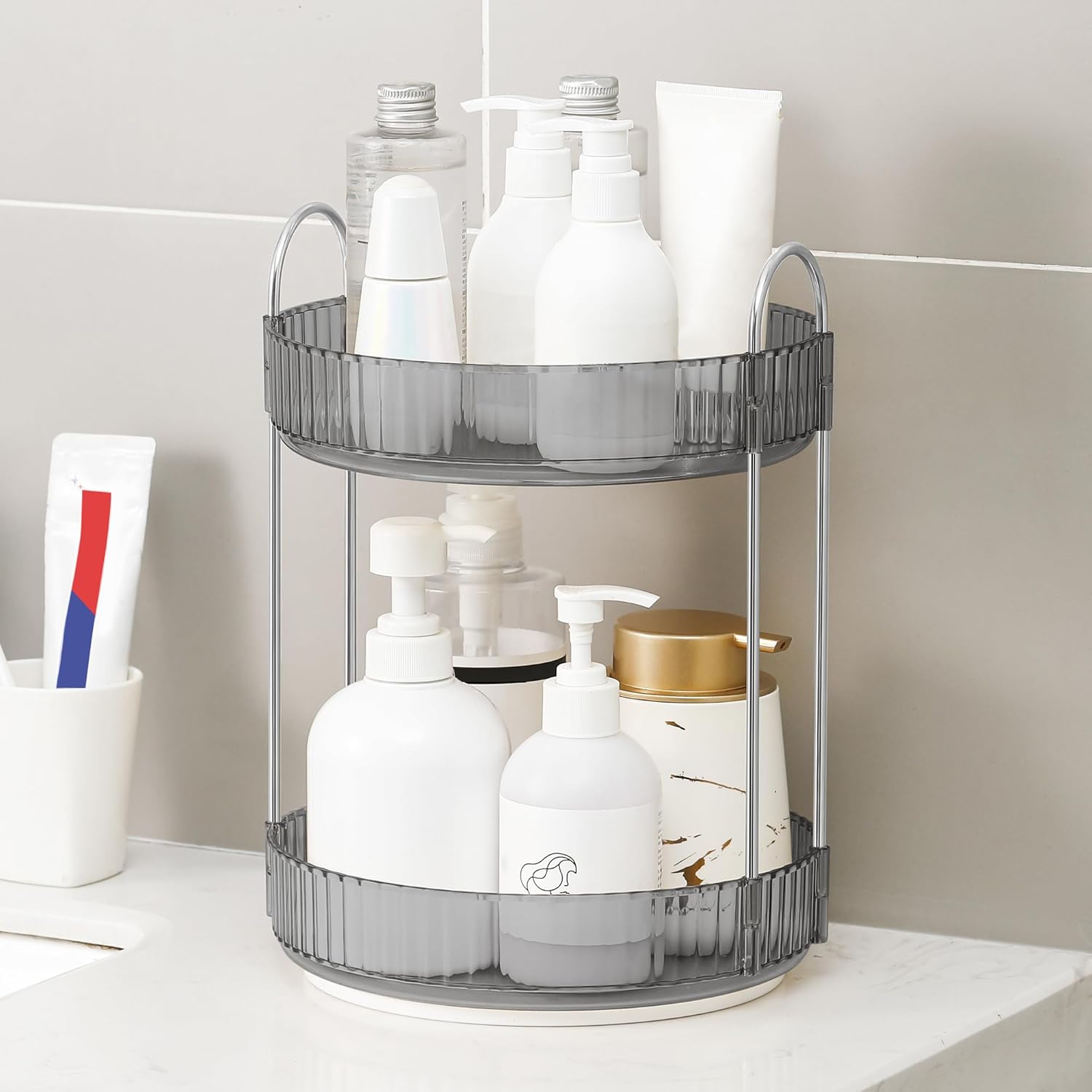 YCIA&DONE 360 Rotating Makeup Organizer and Storage for Vanity Countertop 2 Tiers, High Capacity Cosmetic Skincare Perfume Organizers for Dresser Bathroom Lazy Susan (Smoky Gray)