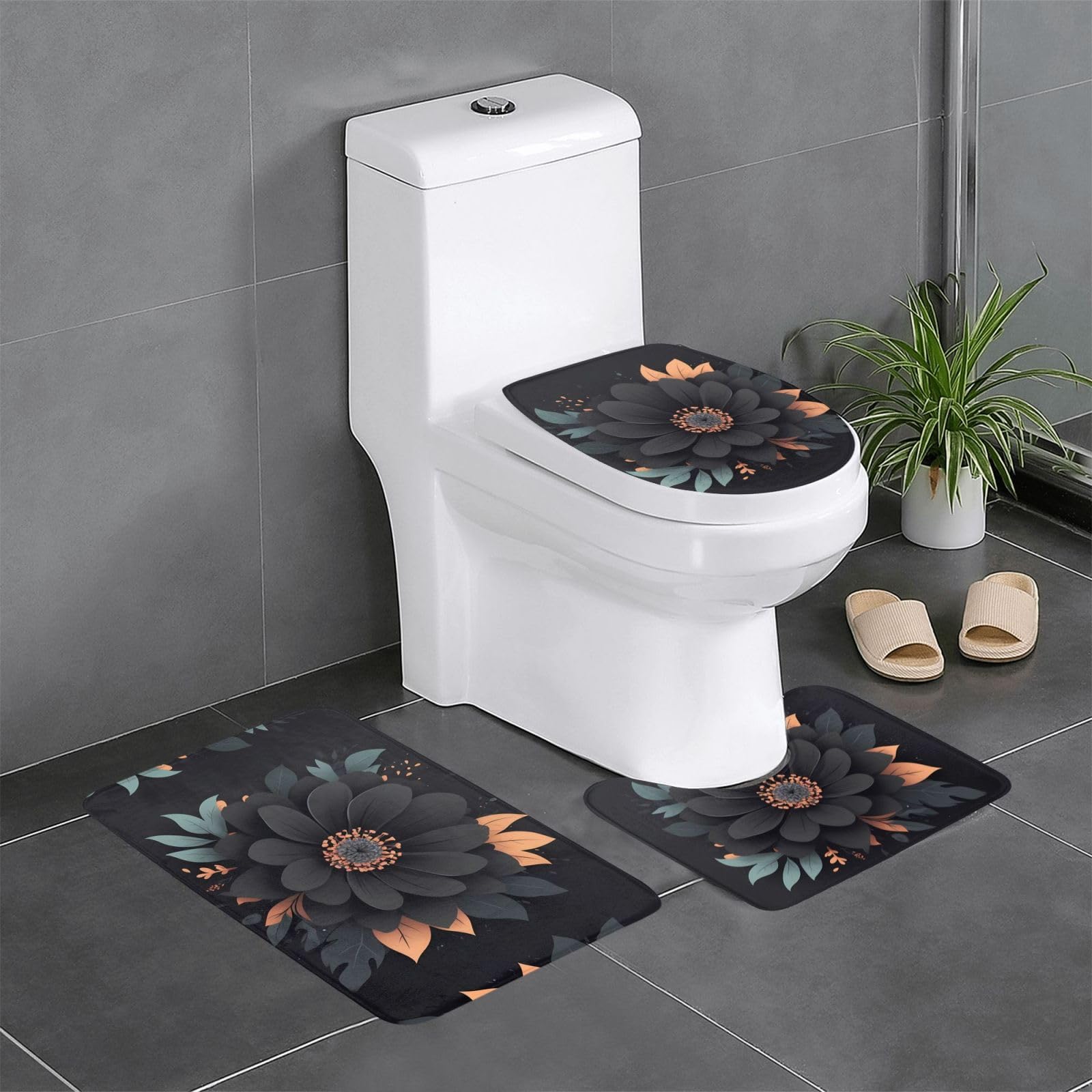 Tapis de salle de bain floral noir antidérapant lot de 3 pour meuble-lavabo