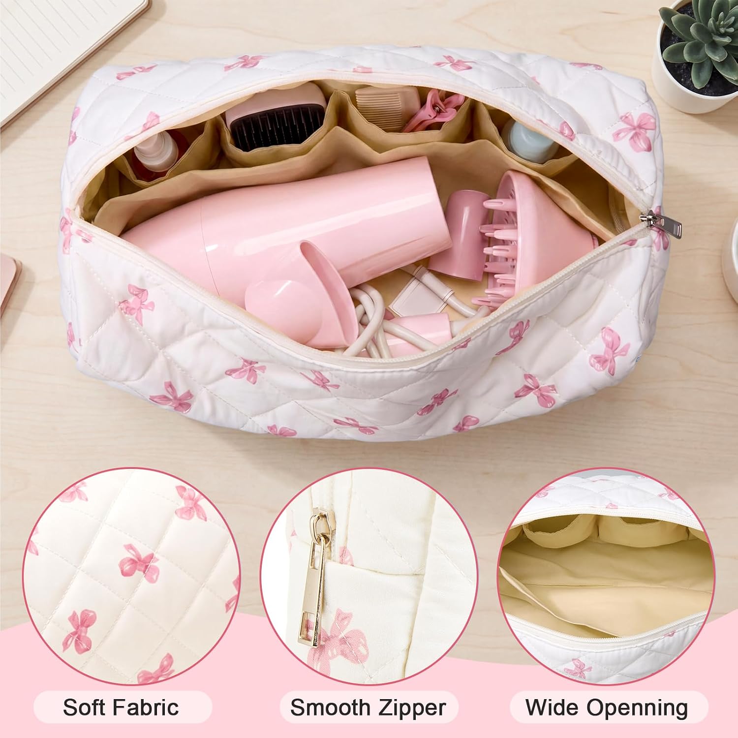 Paterr 2 Pcs Quilted Hair Tools Travel Bag Cute Hair Tools Storage Bag Portable Wrap Dryer Case Curling Iron Accessories Organizer Shockproof Protection for Women(Pink Bow)