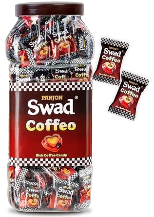 Swad Coffeo Hard Candy Jar 500 Gram Rich Coffee Flavor Authentic Indian Candy Natural Ingredients Long Lasting Energizing Sweet Treat Perfect On-the-Go Snack Gift for Coffee Lovers