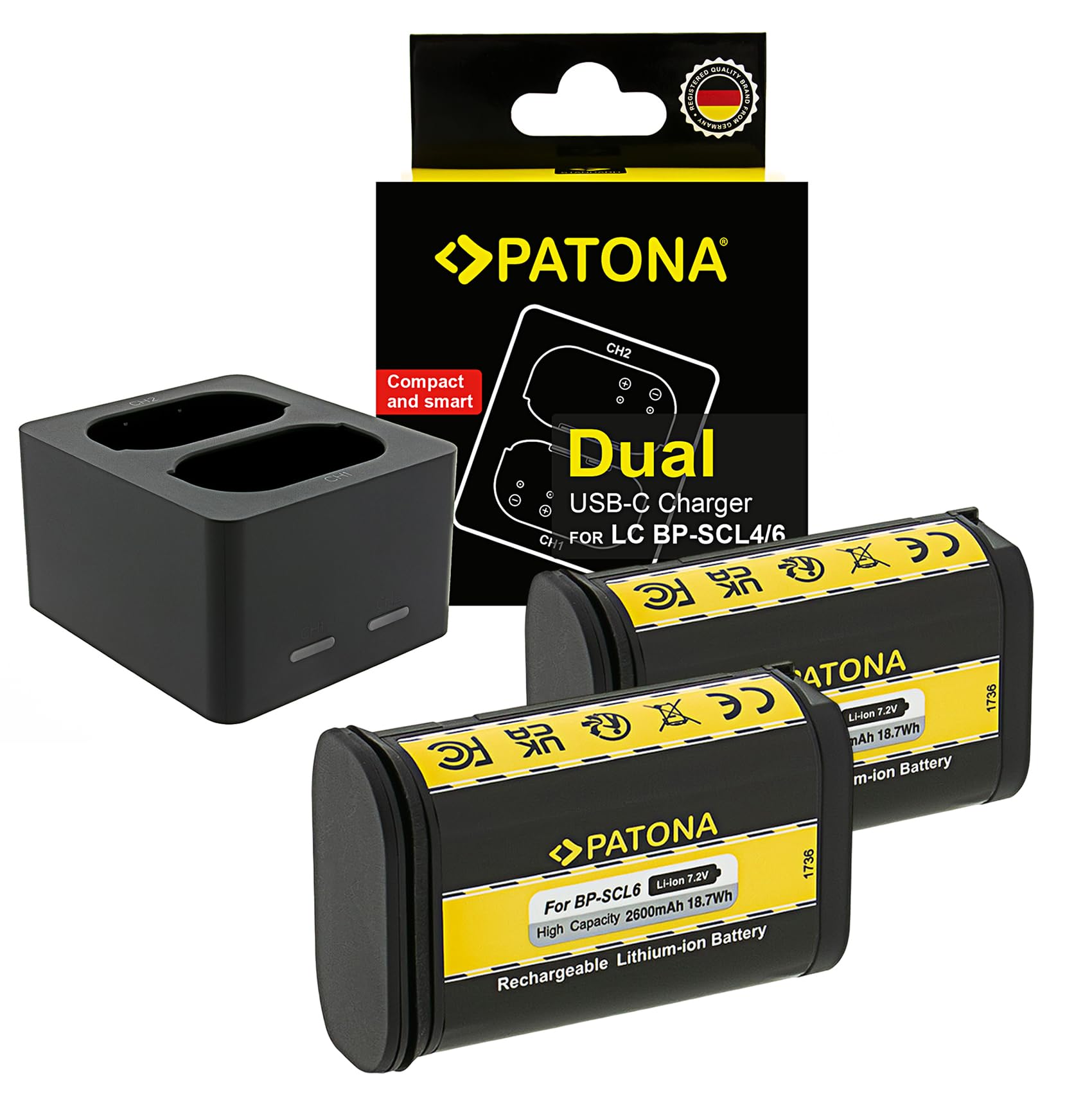 PATONA Premium 2X Akku BP-SCL6 mit USB-C Ladegerät für Leica Q2 Q3 SL2 SL2S | Zwei Ersatzakkus plus USB-C Ladegerät im Set – volle Energie für Leica Q2, Q3, SL2 und SL2S