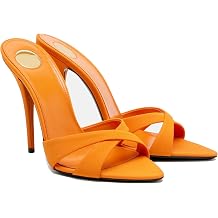 THESHY Womens Stiletto Heel Slide Sandals Open Toe Criss Cross Straps Slip on Dress Heels with Cushioned Insole Party Wedding Evening Fashion Sandals for Women