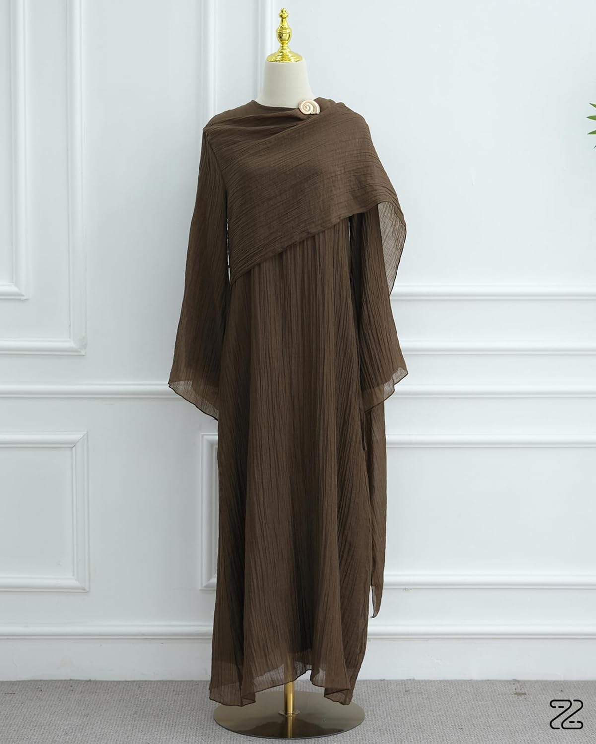 Elegant Muslim Dress for Women, Solid Color Double Layer Abaya with Attached Shawl & Back Zipper, Belted Modest Maxi Gown - Image 6