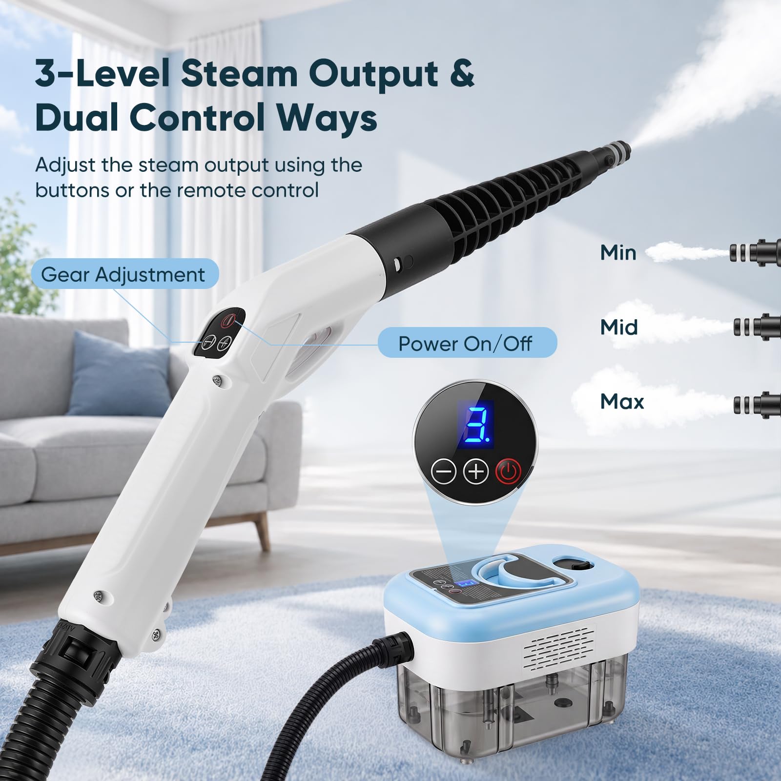 Limpiador a Vapor 2000 W, 6 Cepillos, Tanque de 2.5 L, limpiador vapor Portátiles de 3 Barras, con 3 Velocidades Regulables, para Ventanas, Campanas, Telas