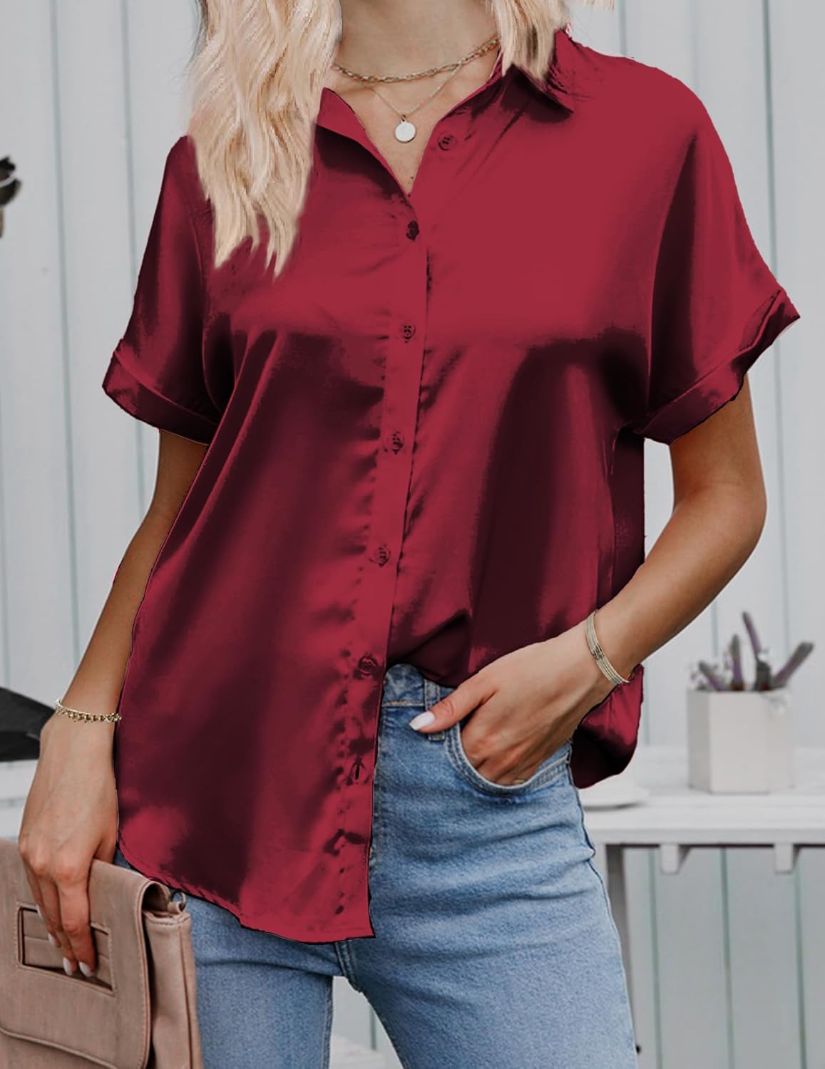 HOTOUCH Silk Button Down Shirts for Women Satin Short Sleeve V Neck Casual Work Office Blouse Tunic Tops - Image 3