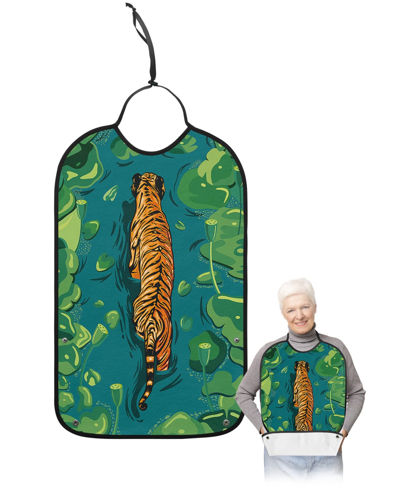 Farmhouse Tiger Adult Bibs for Eating, Waterproof Bibs with Food Catcher & Adjustable Snap Closure, Lotus Leaf in Lake Art Aesthetics Painting Clothing Protectors Adult Bibs for Elderly Women/Men