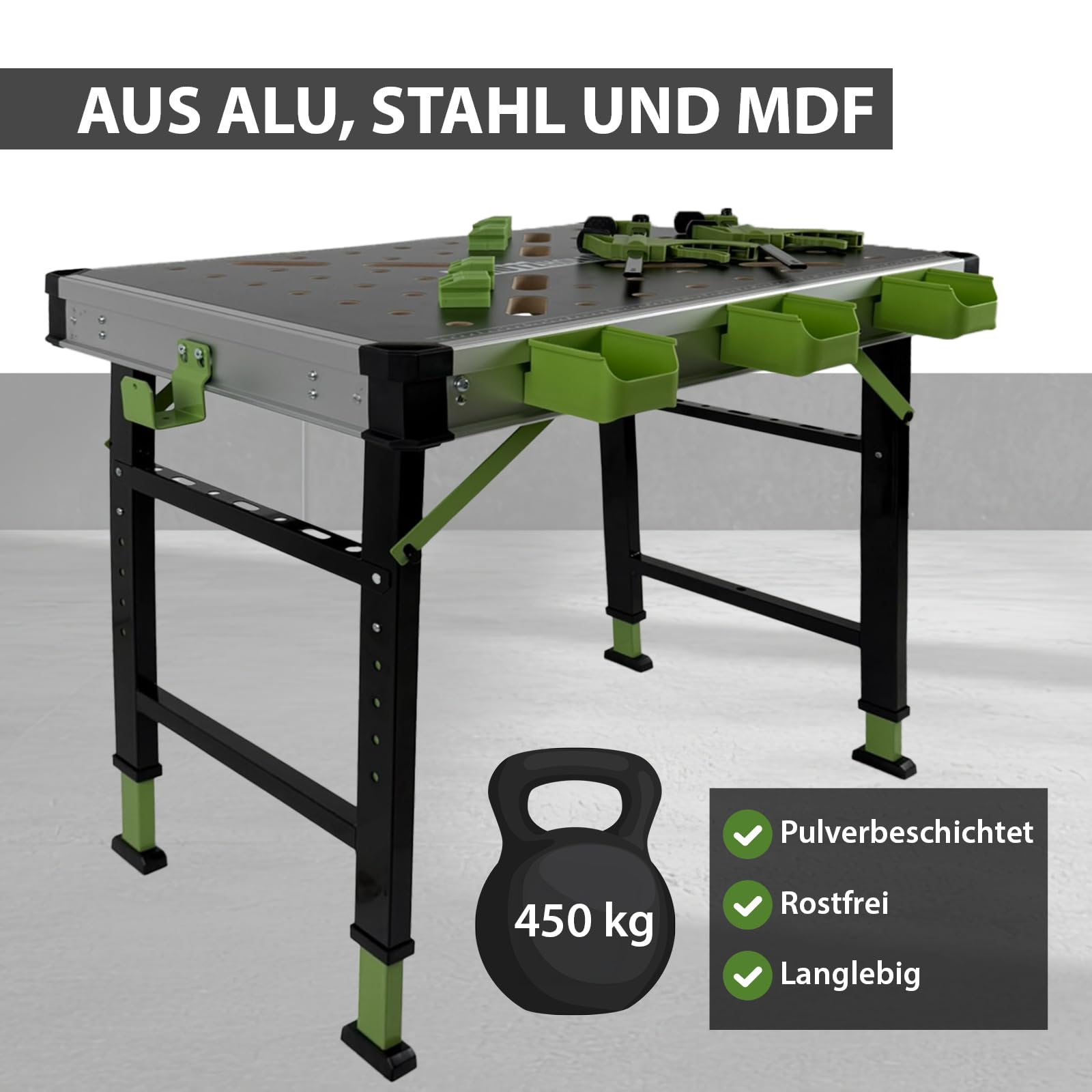 TRUTZHOLM 2 x Werkbank Multifunktionstisch Spanntisch 60 x 85 cm klappbar höhenverstellbar 73–90 cm Arbeitstisch mit Messskala, 450 Kg, 20mm Lochrastersystem, Werkzeugboxen, Schnellspannern