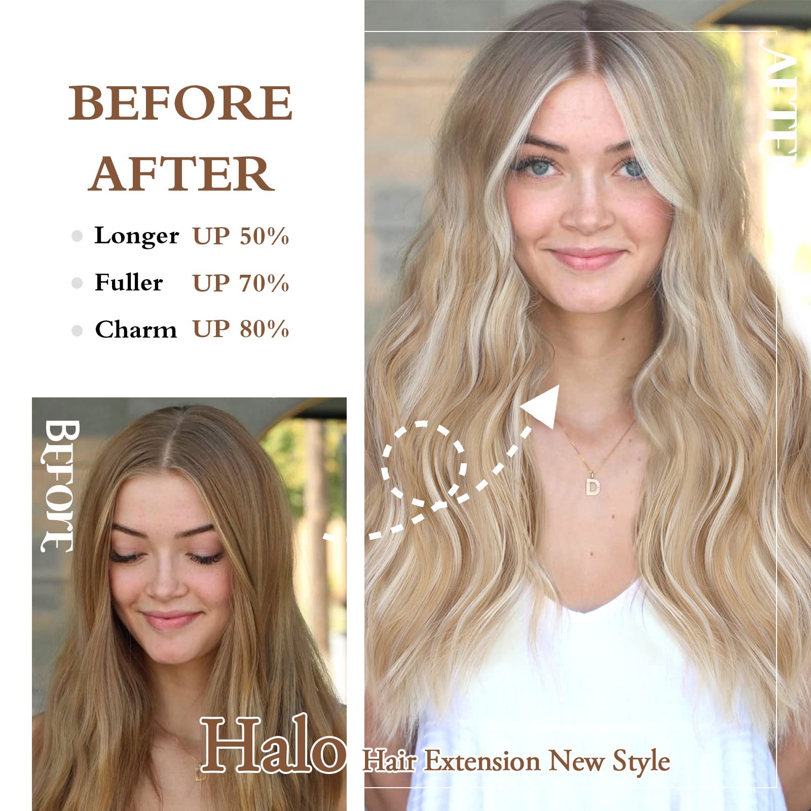 BUPPLER Halo Hair Extensions 20 Inch Invisible Wire Hair Extensions Adjustable Long Wavy Hairpiece Synthetic Upgrade 4 Secure Clips in Hairpieces 20 Inch,Dark Golden Mix Platinum Blond - Image 2