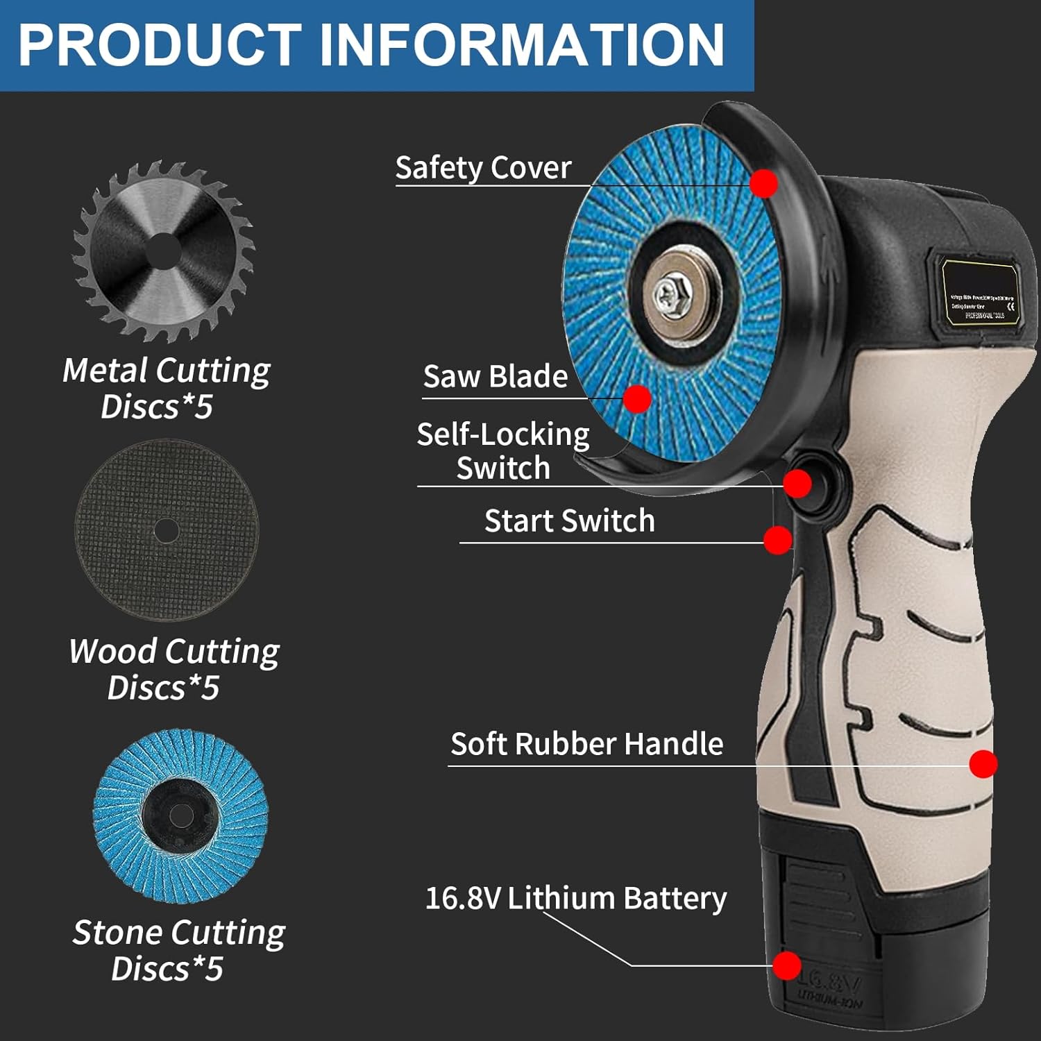 Cordless Brush Angle Grinder Kit, 7000RPM Mini Electric Angle Grinding Tool with 2pcs 16.8V 2000mAh Batteries and 20-Cutting Discs, Power Angle Grinder for Wood Metal Stone Concrete