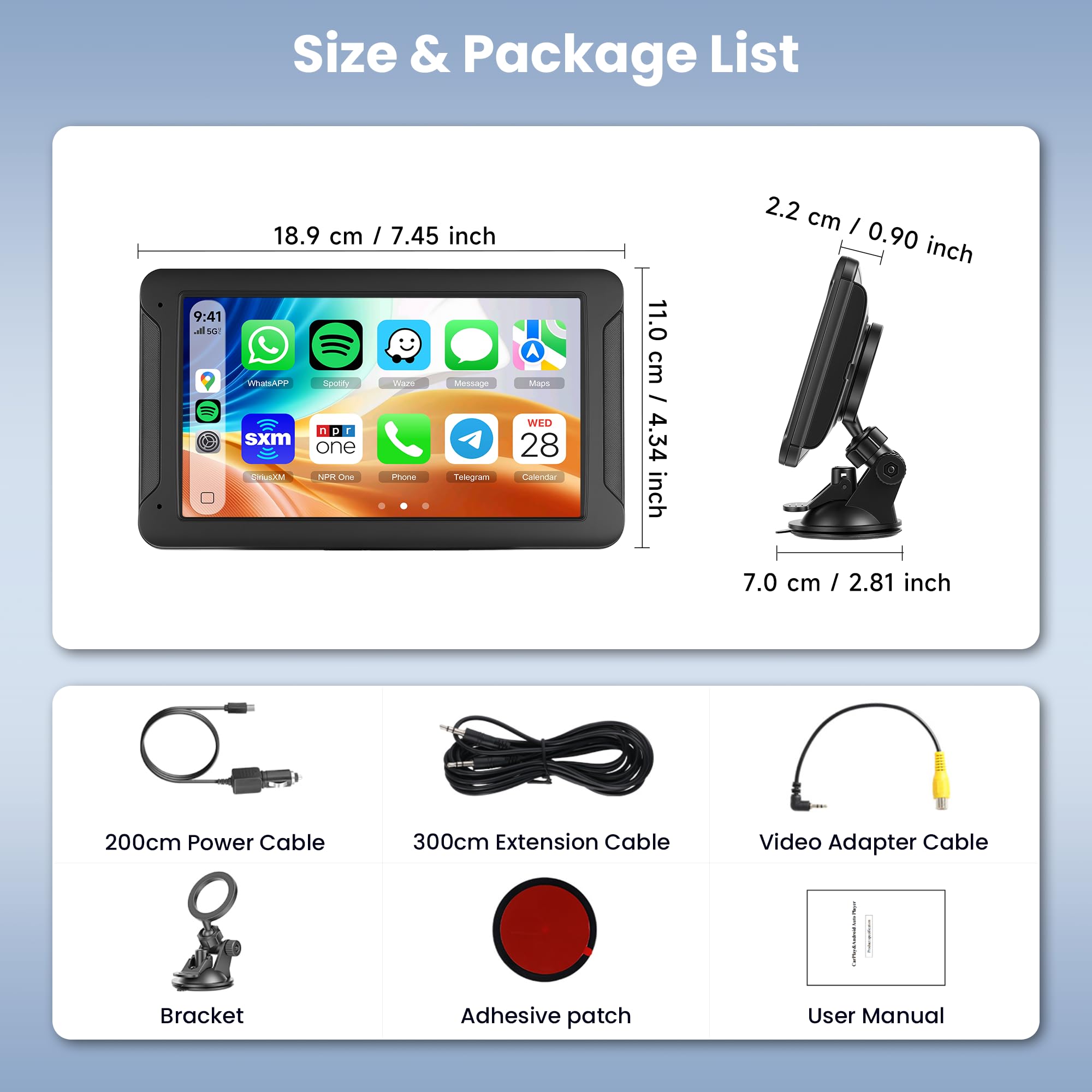 Rimoody Autoradio Portable 7 Pouces avec CarPlay et Android Auto sans Fil - Écran Tactile IPS HD, AirPlay/Android Cast, Émetteur FM, Bluetooth pour Voiture avec Support Magnétique