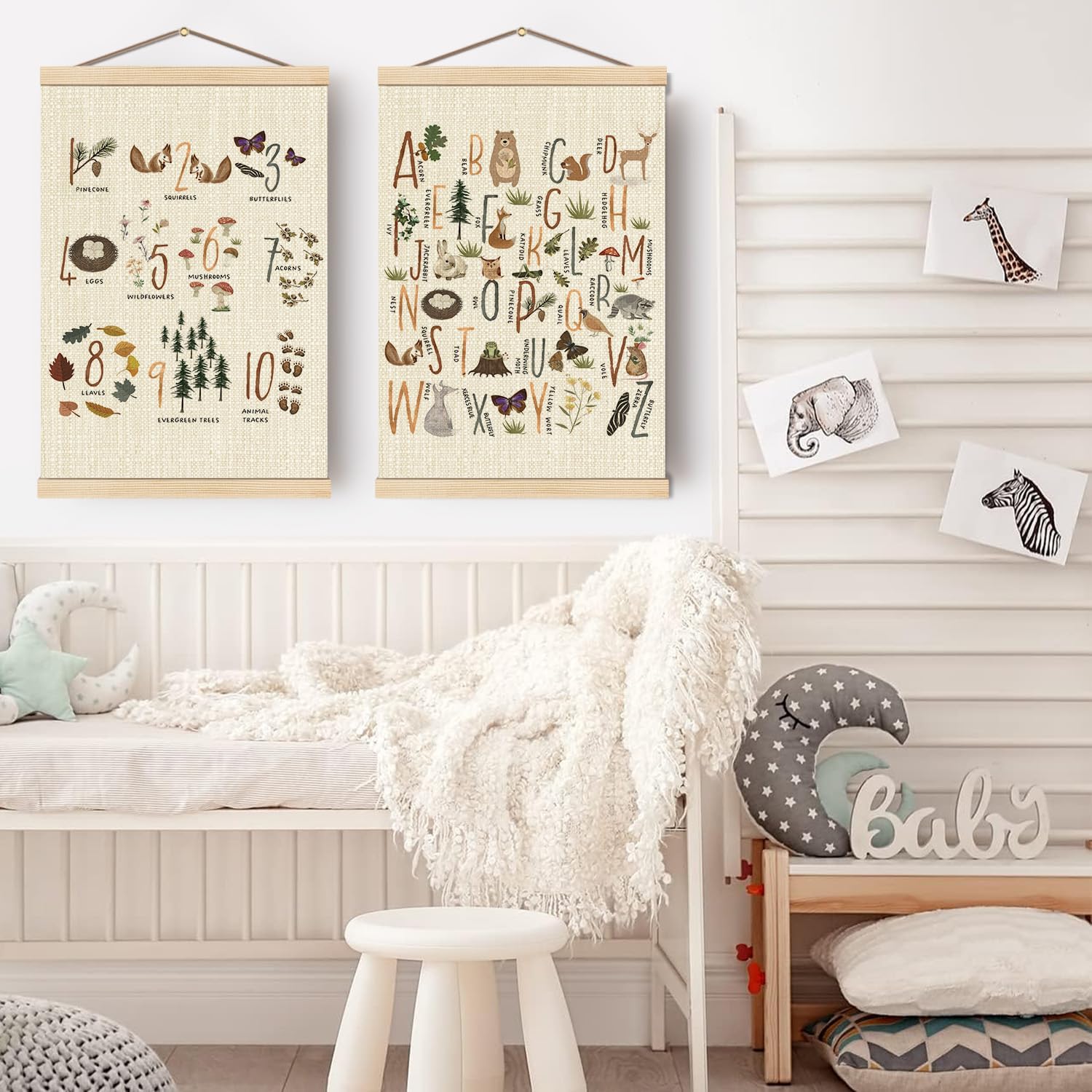 Boat Wades Alphabet Numbers Nursery Wooden Poster Hangers Set of 2, ABC 123 Forest Animal Educational Poster Hanger Frame Decor for Nursery Kids Room Playroom Classroom Homeschool, 16X24Inch