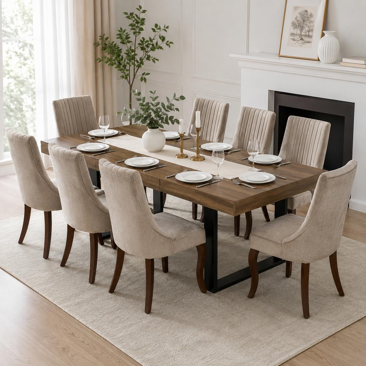 Extendable Rustic Dining Table Set for Eight