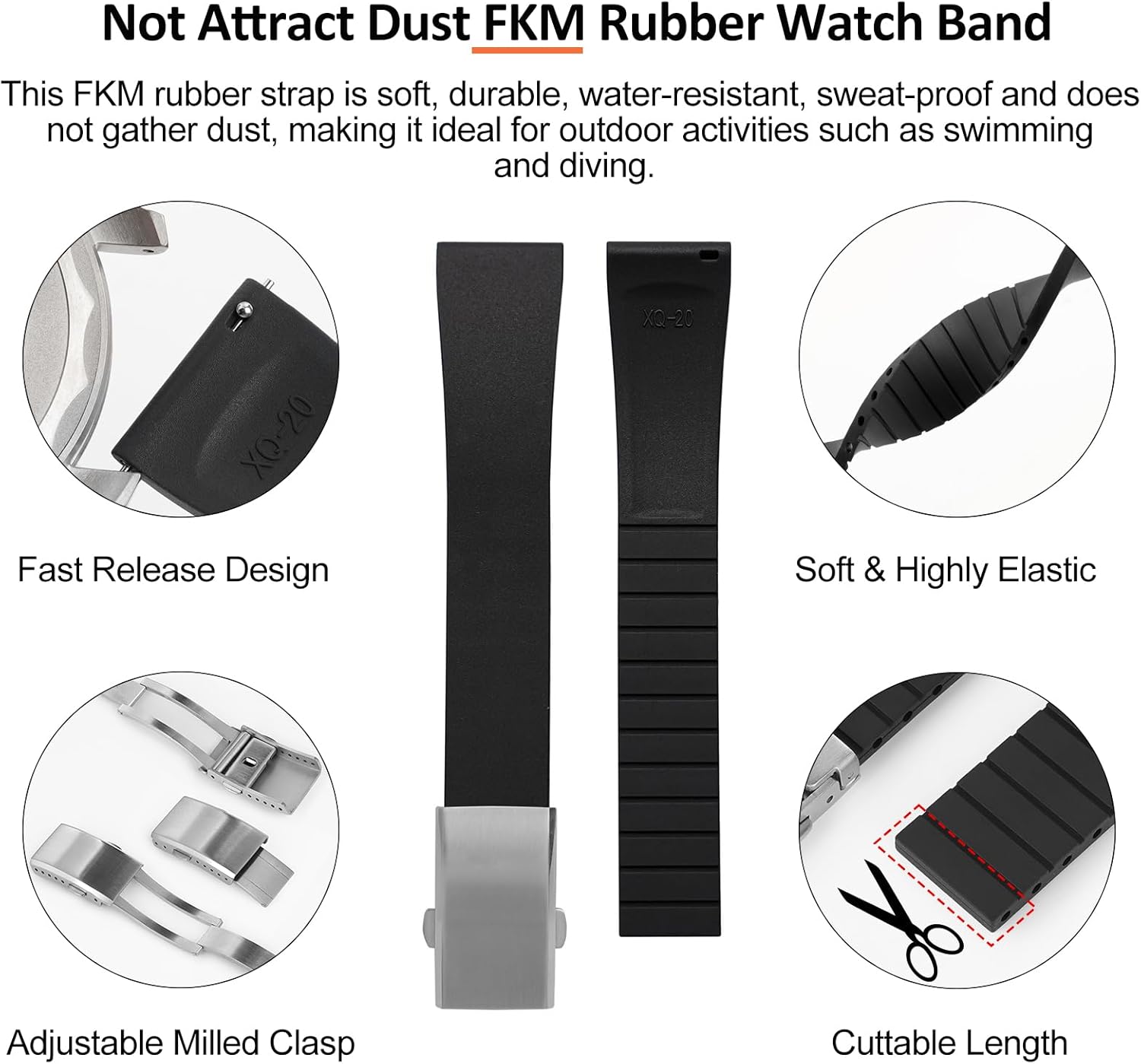 watchdives FKM Rubber Watch Strap, Cut to Size Fast Release Watch Band Soft Replacement Watchband with Milled Clasp for Men Women 18mm 19mm 20mm 21mm 22mm - Image 2