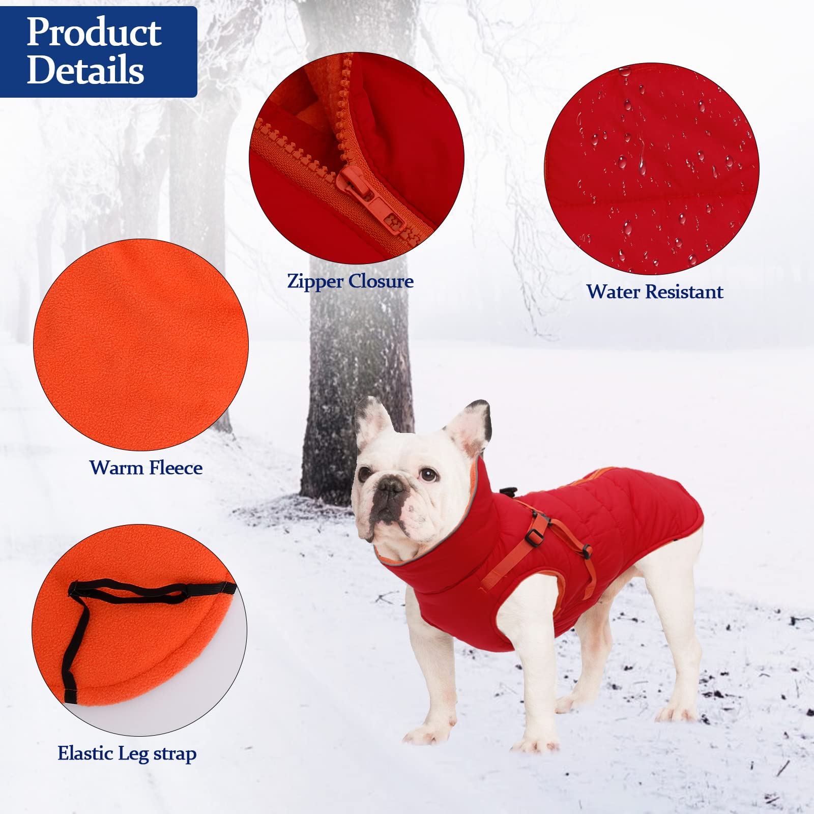 babepet Waterproof Dog Coat with Harness,Warm Dog Winter Jacket with Fleece Lining,Reflective Vest Pet Clothes with Adjustable Chest Strap-Red-M - Image 4
