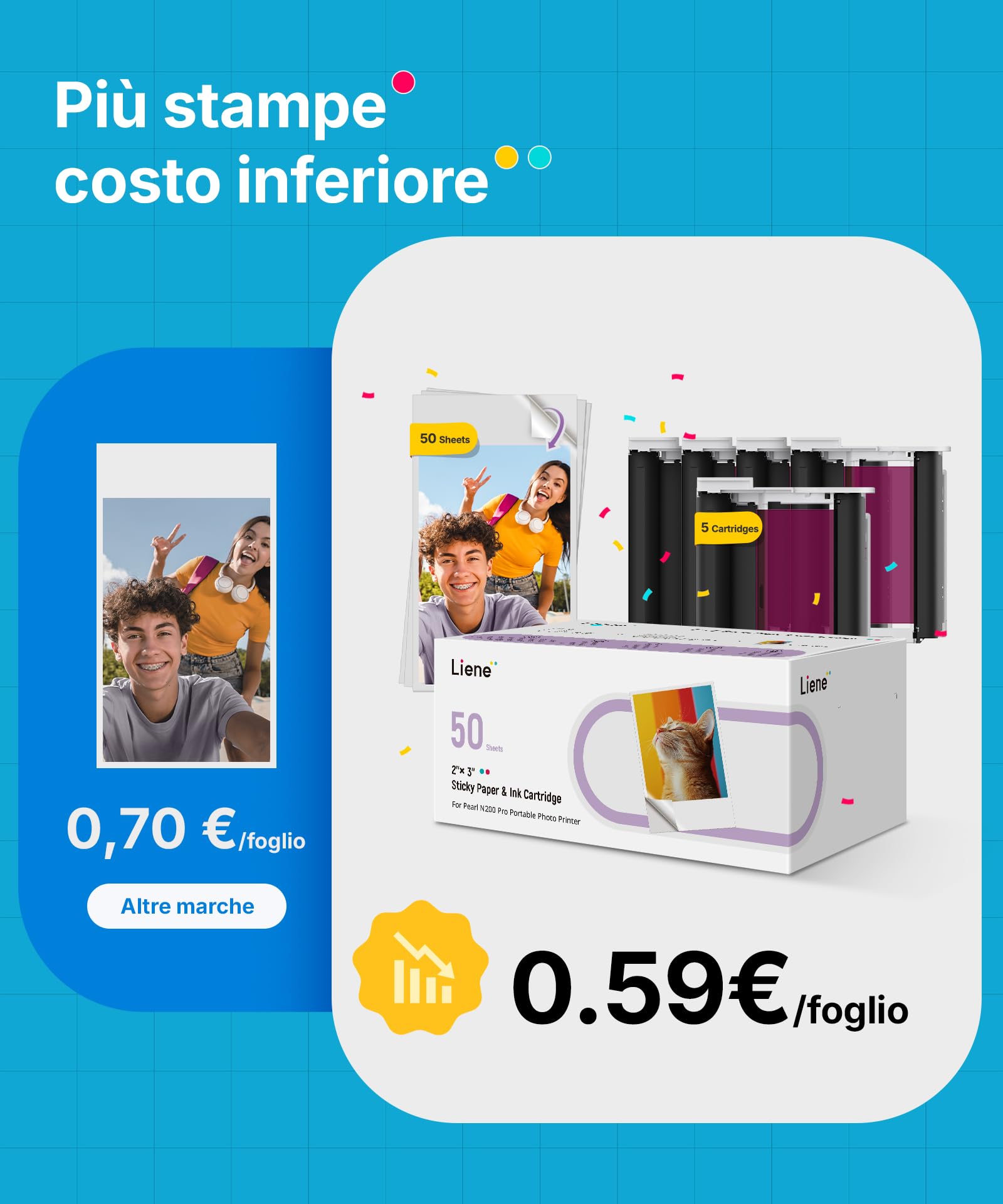 Liene Pearl N200 Pro Stampante Foto Portatile Mini a Sublimazione Termica, Bluetooth, 300 dpi, Include 50 Carta Adesiva (5x7.6 cm) e 5 Nastri, Color Oro