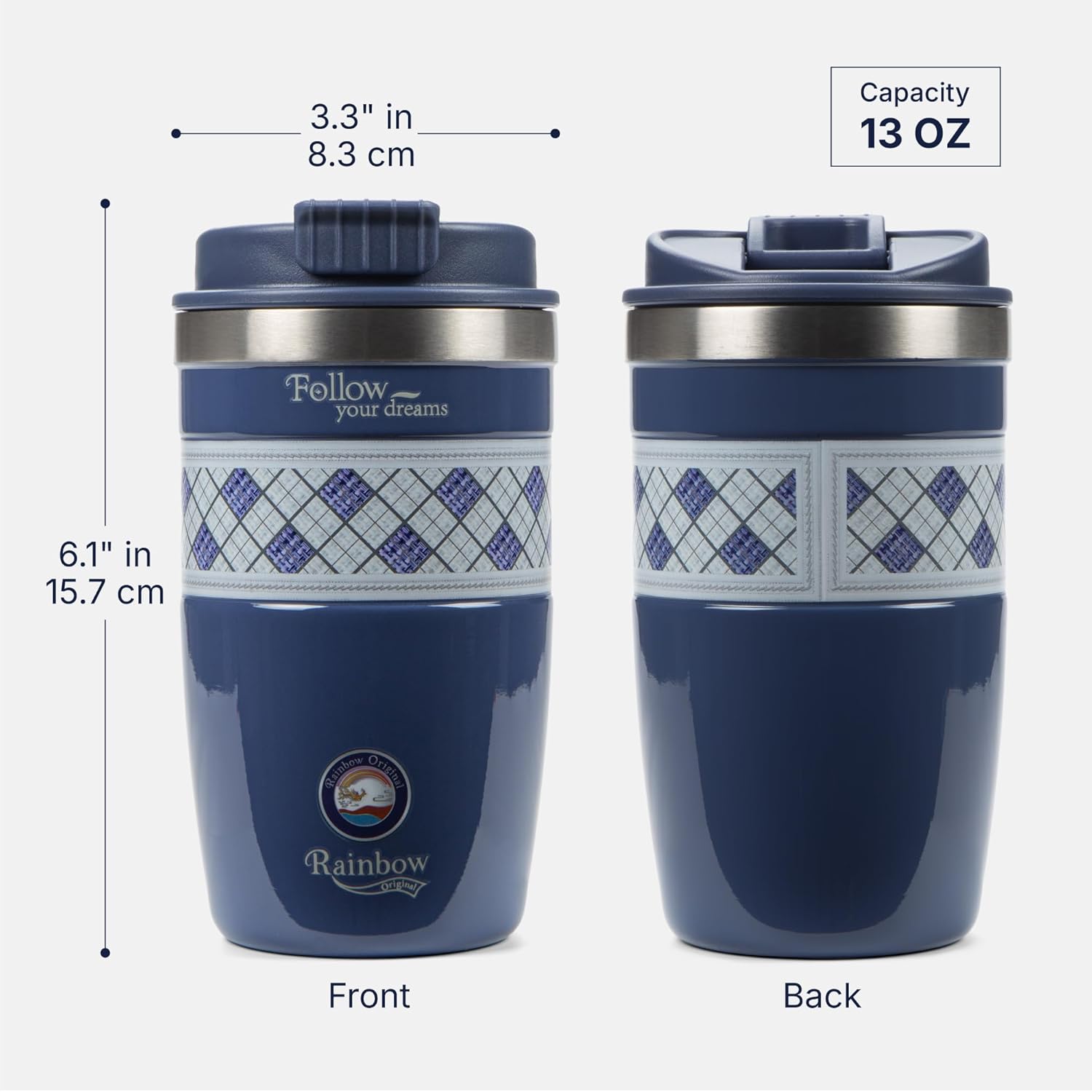 Rainbow Original 13 oz Travel Mug, Coffee Mug, Travel Coffee Mug, Insulated Travel Mug, Tumbler, Ideal for Sports, Outdoors, Camping, Travel and Everyday Use (Knight - Blue)