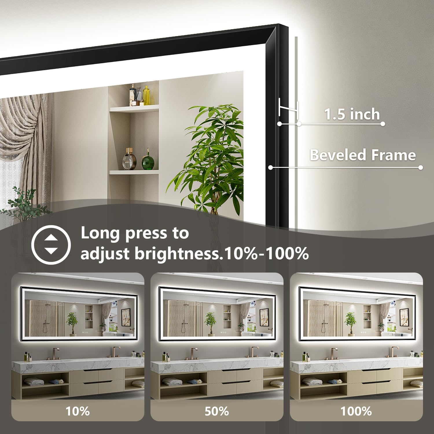 72x40 Black Framed LED Bathroom Mirror with Lights, Backlit and Front Light, Lighted Bathroom Vanity Mirror for Wall Dimmable Anti-Fog Memory Tempered Glass Horizontal/Vertical