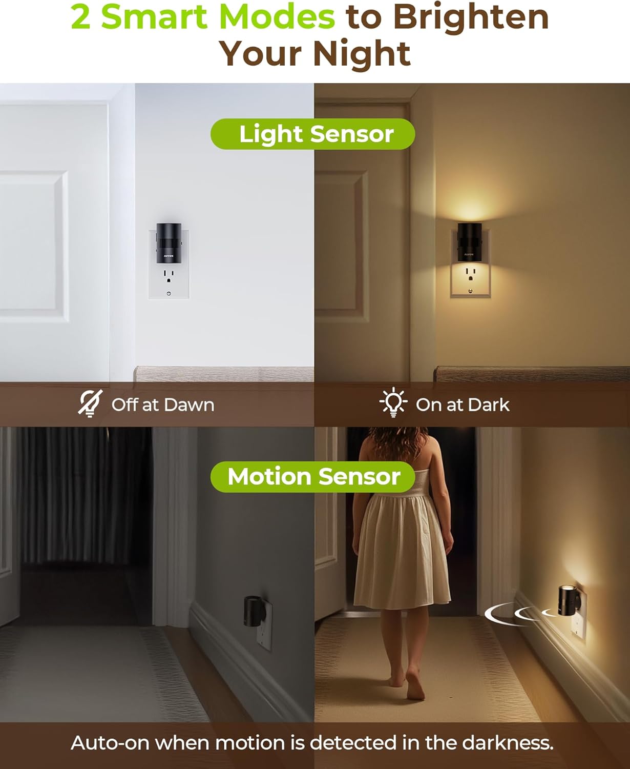 AUVON LED Night Light Plug in, Modern Motion Sensor Night Light with 90° Rotatable Design & Dusk to Dawn Sensor, Dimmable Night Lights 1-100LM Warm White 2700K for Bedroom, Hallway, Stairway, 2 Packs - Image 3