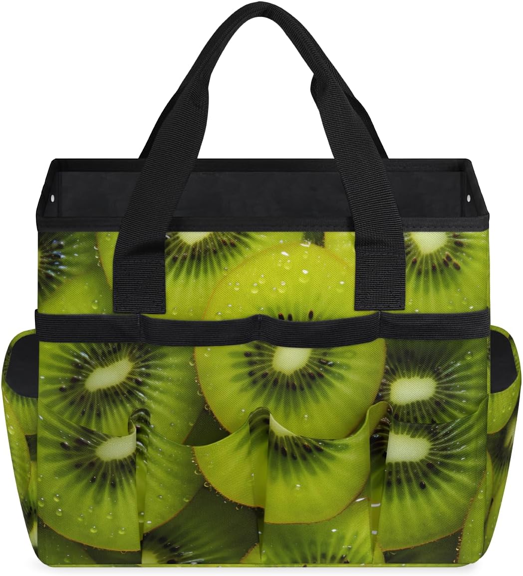 Kiwi Cocktail Garden Tool Bag Tote for Men Women Multiple Pockets Wide Mouth Heavy Duty Waterproof Tool Organizer Bag for Outdoor Lawn Yard Portable Gardening Storage With Elasticbands