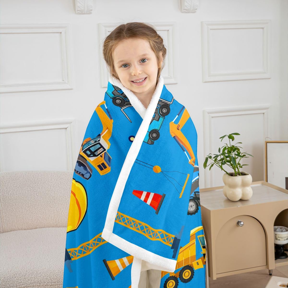 Loussiesd Pojazdy budowlane koc polarowy koparka litera B szerpa koc dla dzieci kobiet mężczyzn pluszowy puszysty kreskówka samochód traktor królowa 228 x 229 cm na łóżko kanapę krzesło salon