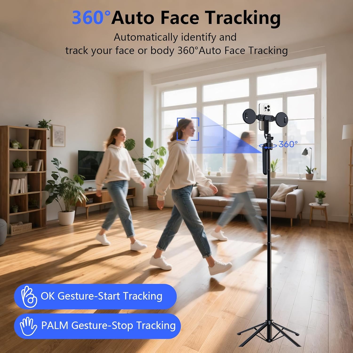 Trípode de seguimiento facial automático para iPhone, trípode de teléfono de viaje de 70 pulgadas de alto con control remoto y control de gestos, soporte para selfie para grabación de video
